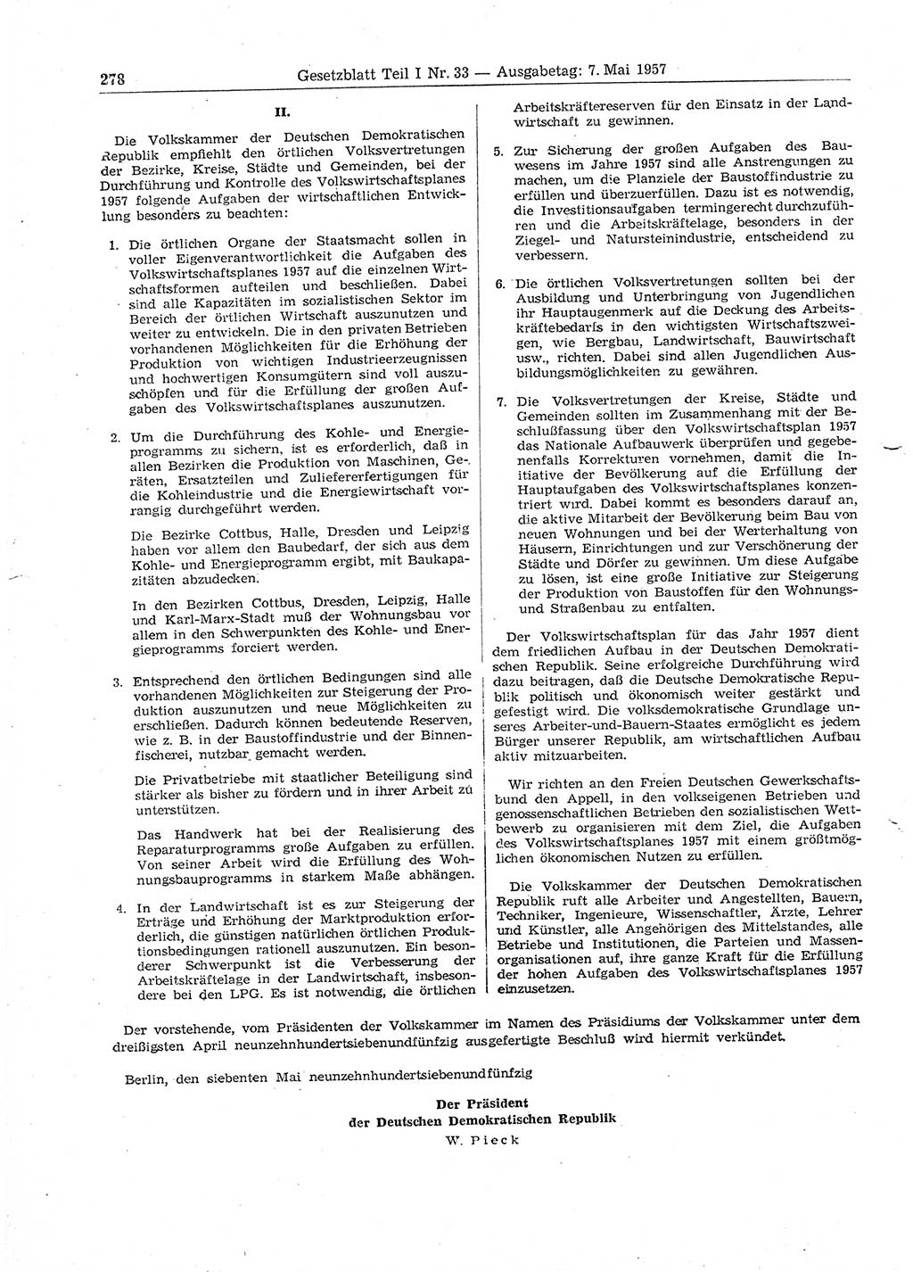 Gesetzblatt (GBl.) der Deutschen Demokratischen Republik (DDR) Teil Ⅰ 1957, Seite 278 (GBl. DDR Ⅰ 1957, S. 278)