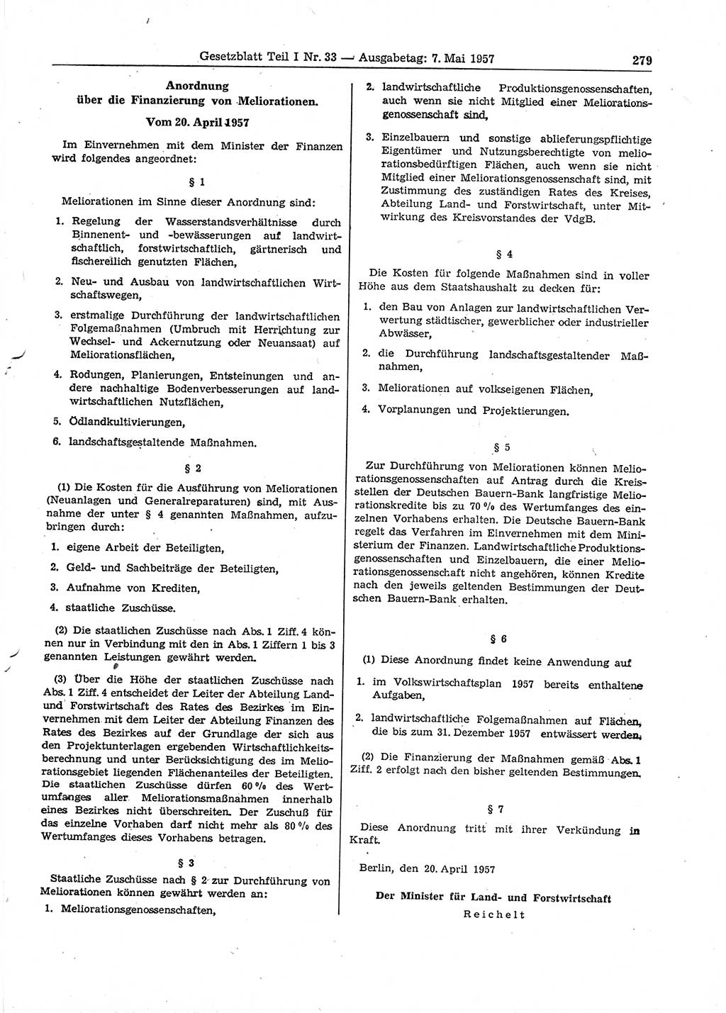 Gesetzblatt (GBl.) der Deutschen Demokratischen Republik (DDR) Teil Ⅰ 1957, Seite 279 (GBl. DDR Ⅰ 1957, S. 279)