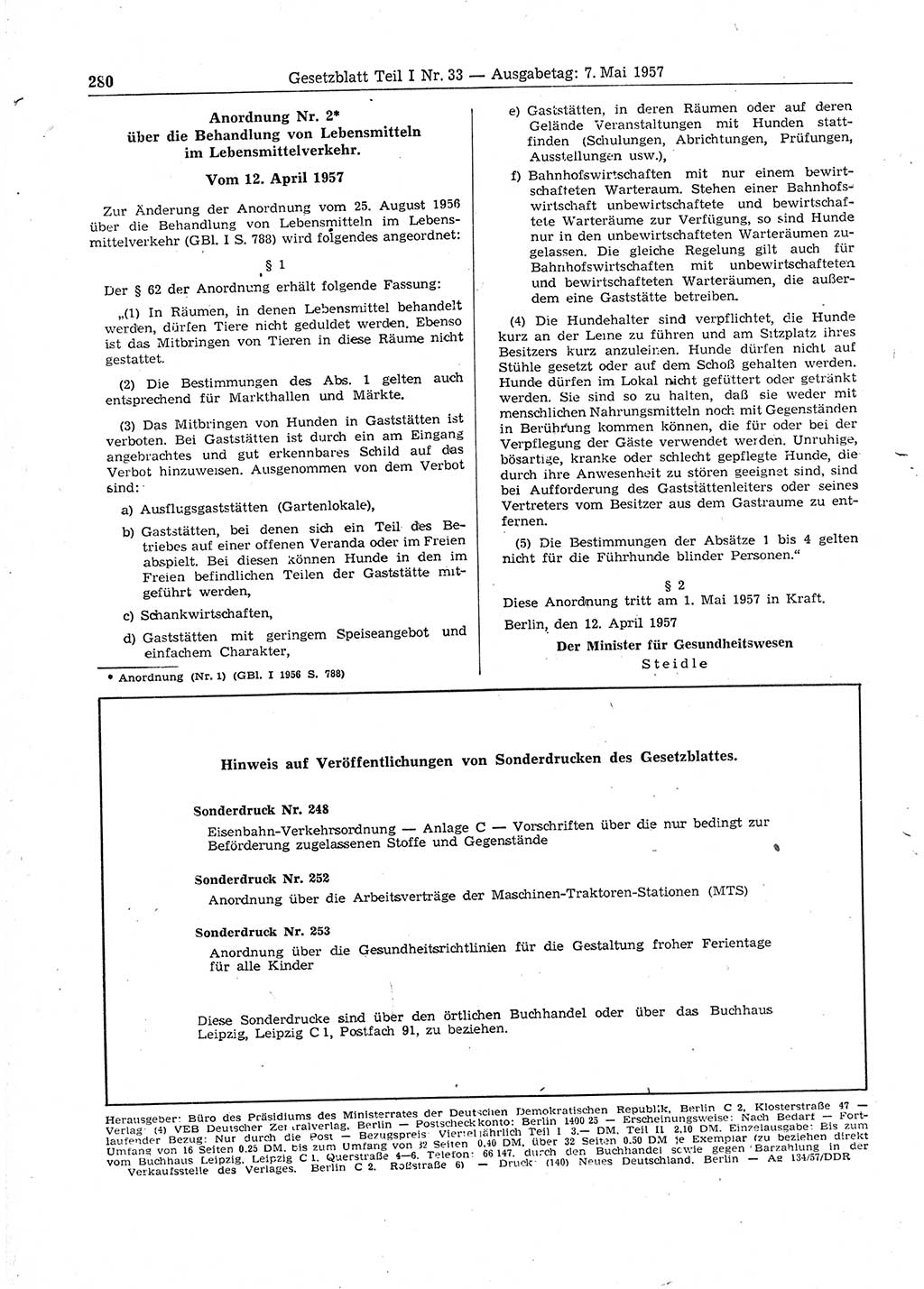 Gesetzblatt (GBl.) der Deutschen Demokratischen Republik (DDR) Teil Ⅰ 1957, Seite 280 (GBl. DDR Ⅰ 1957, S. 280)