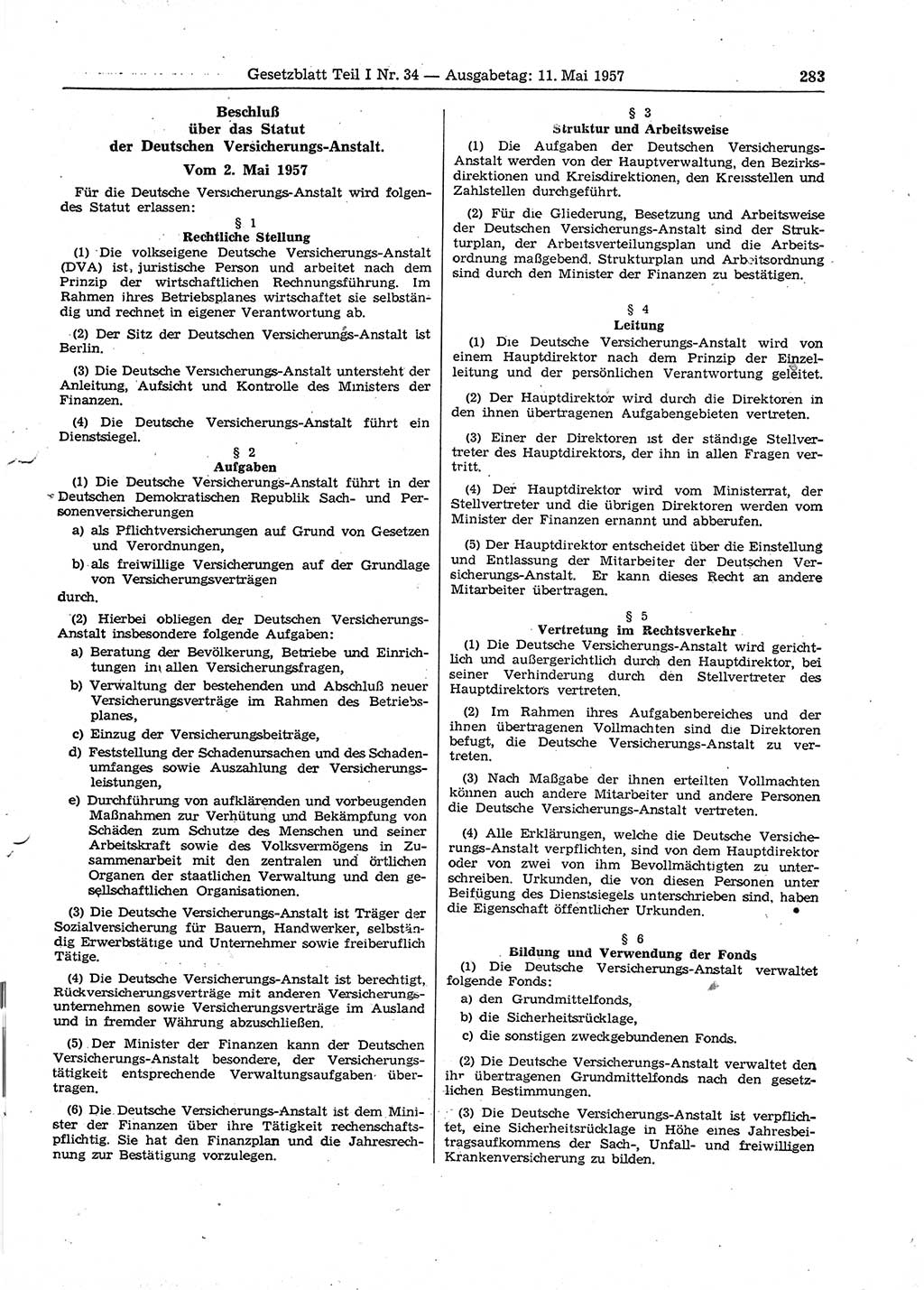 Gesetzblatt (GBl.) der Deutschen Demokratischen Republik (DDR) Teil Ⅰ 1957, Seite 283 (GBl. DDR Ⅰ 1957, S. 283)