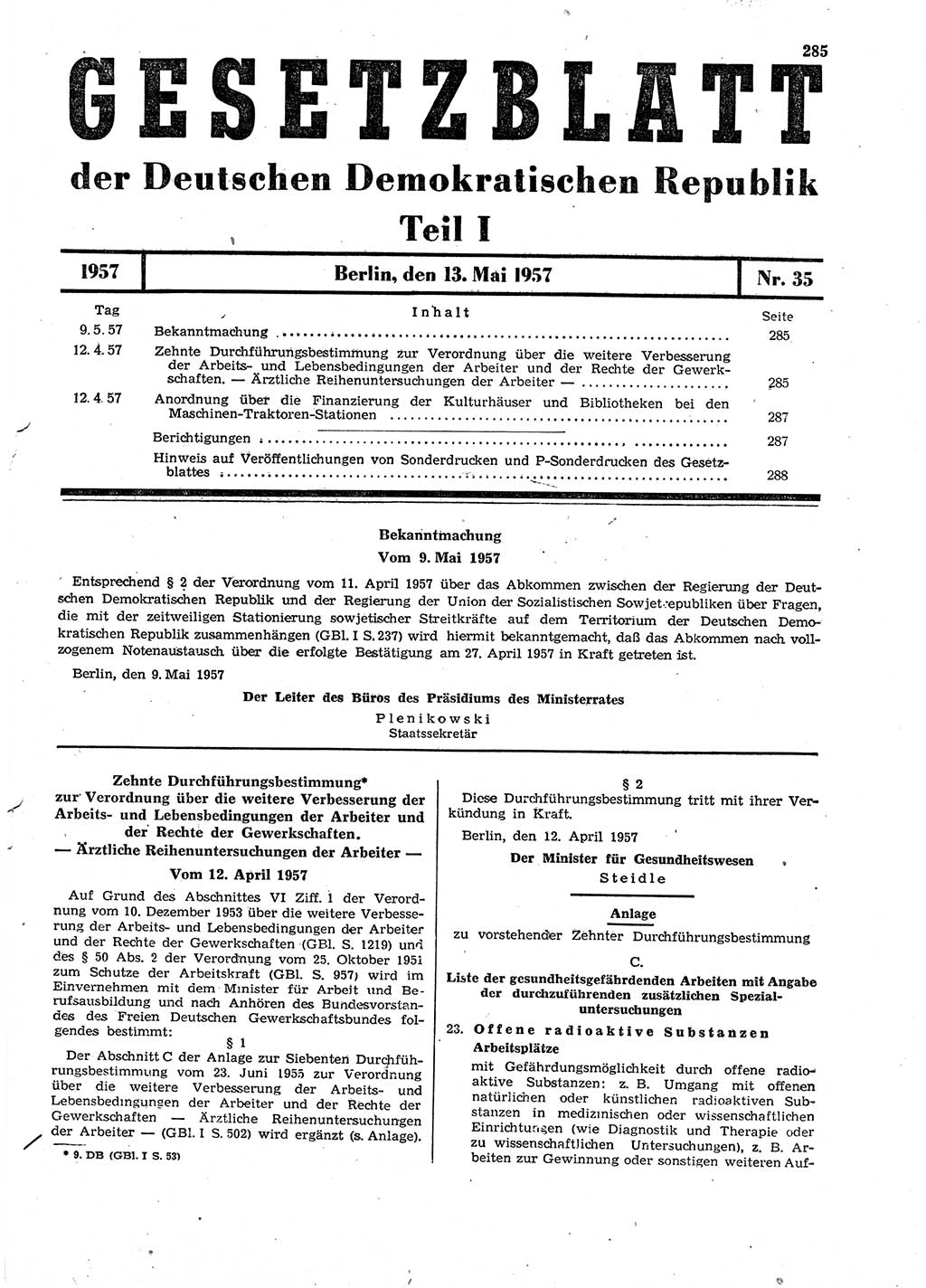 Gesetzblatt (GBl.) der Deutschen Demokratischen Republik (DDR) Teil Ⅰ 1957, Seite 285 (GBl. DDR Ⅰ 1957, S. 285)