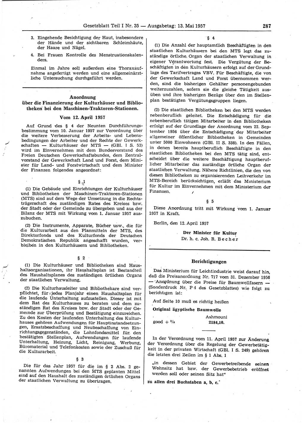 Gesetzblatt (GBl.) der Deutschen Demokratischen Republik (DDR) Teil Ⅰ 1957, Seite 287 (GBl. DDR Ⅰ 1957, S. 287)