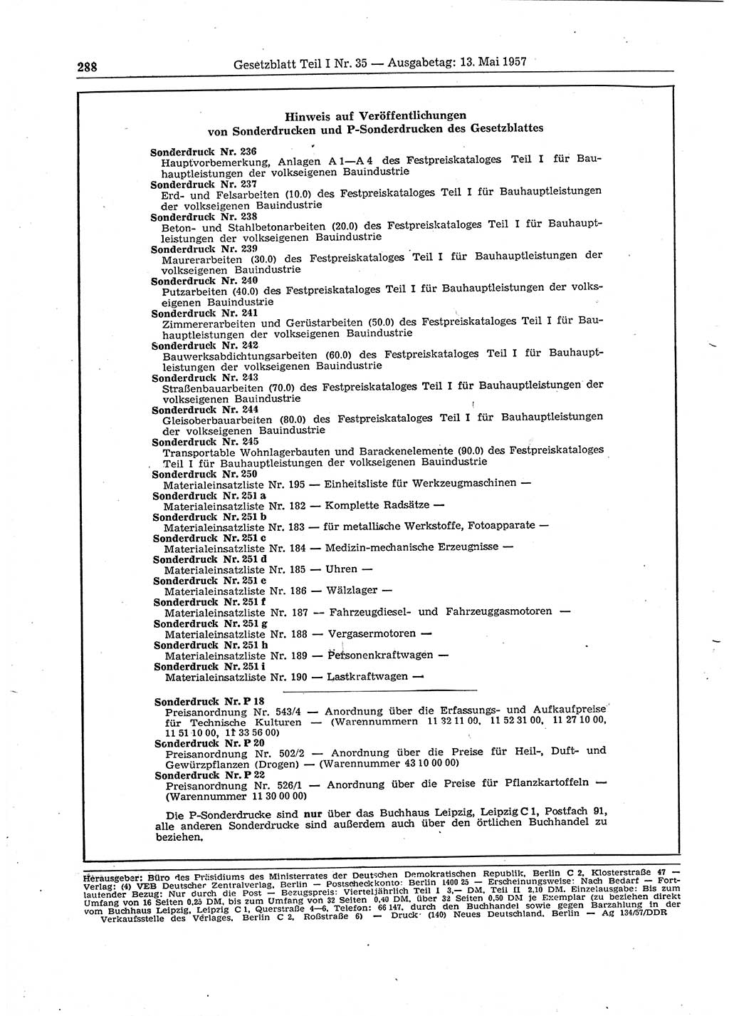 Gesetzblatt (GBl.) der Deutschen Demokratischen Republik (DDR) Teil Ⅰ 1957, Seite 288 (GBl. DDR Ⅰ 1957, S. 288)