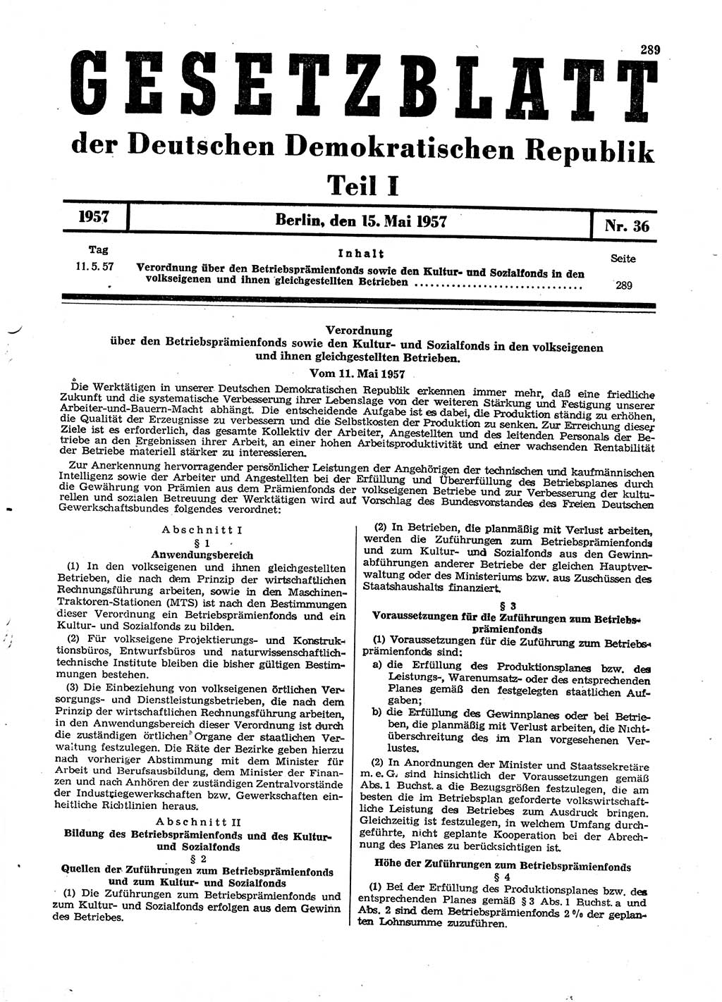 Gesetzblatt (GBl.) der Deutschen Demokratischen Republik (DDR) Teil Ⅰ 1957, Seite 289 (GBl. DDR Ⅰ 1957, S. 289)