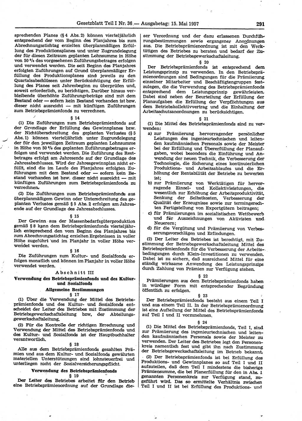 Gesetzblatt (GBl.) der Deutschen Demokratischen Republik (DDR) Teil Ⅰ 1957, Seite 291 (GBl. DDR Ⅰ 1957, S. 291)