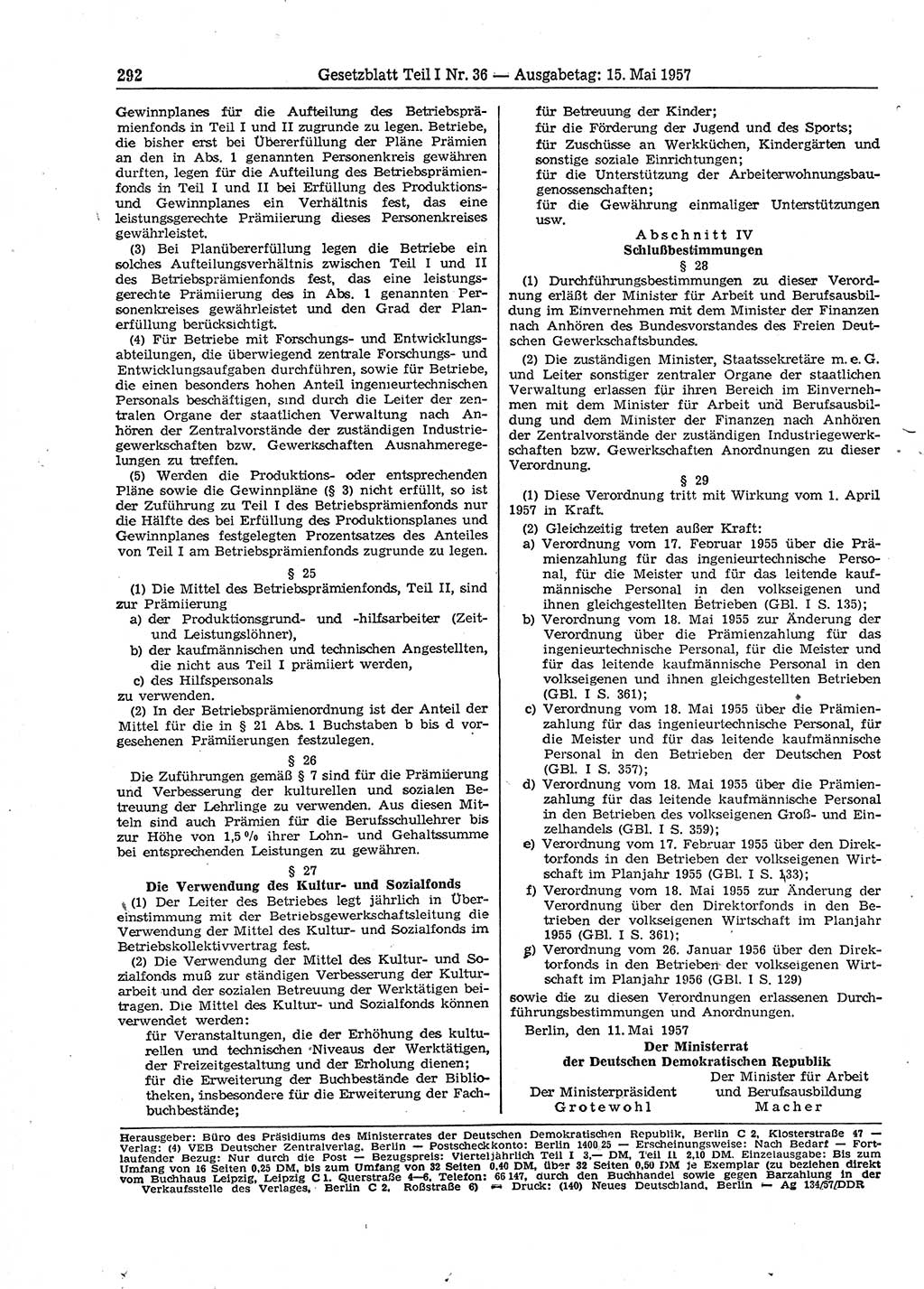 Gesetzblatt (GBl.) der Deutschen Demokratischen Republik (DDR) Teil Ⅰ 1957, Seite 292 (GBl. DDR Ⅰ 1957, S. 292)