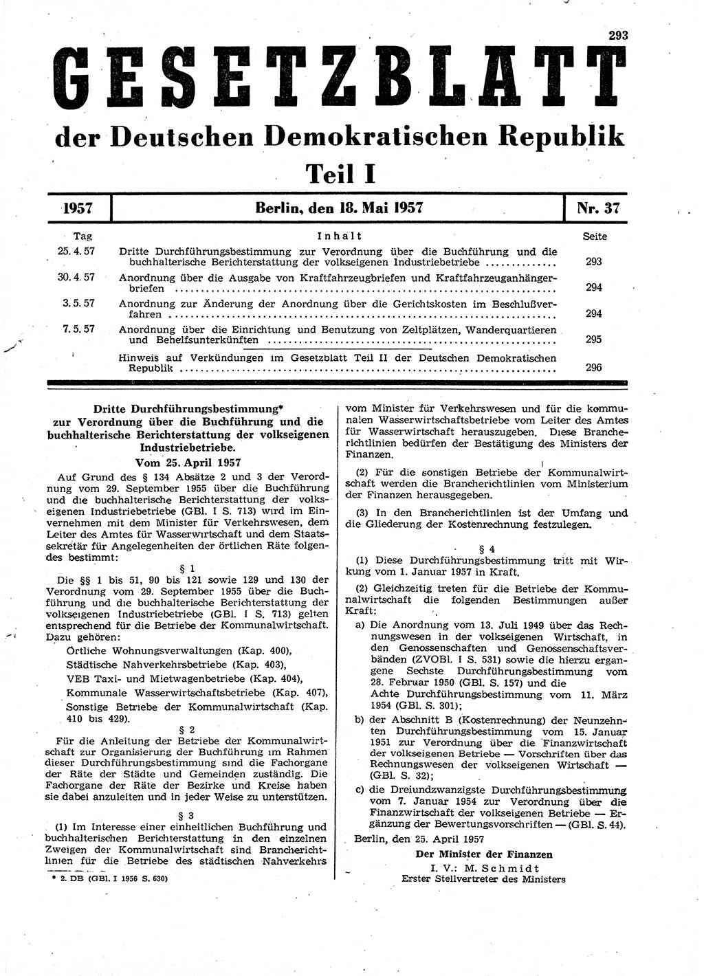 Gesetzblatt (GBl.) der Deutschen Demokratischen Republik (DDR) Teil Ⅰ 1957, Seite 293 (GBl. DDR Ⅰ 1957, S. 293)