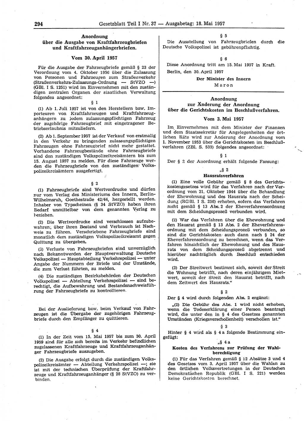 Gesetzblatt (GBl.) der Deutschen Demokratischen Republik (DDR) Teil Ⅰ 1957, Seite 294 (GBl. DDR Ⅰ 1957, S. 294)
