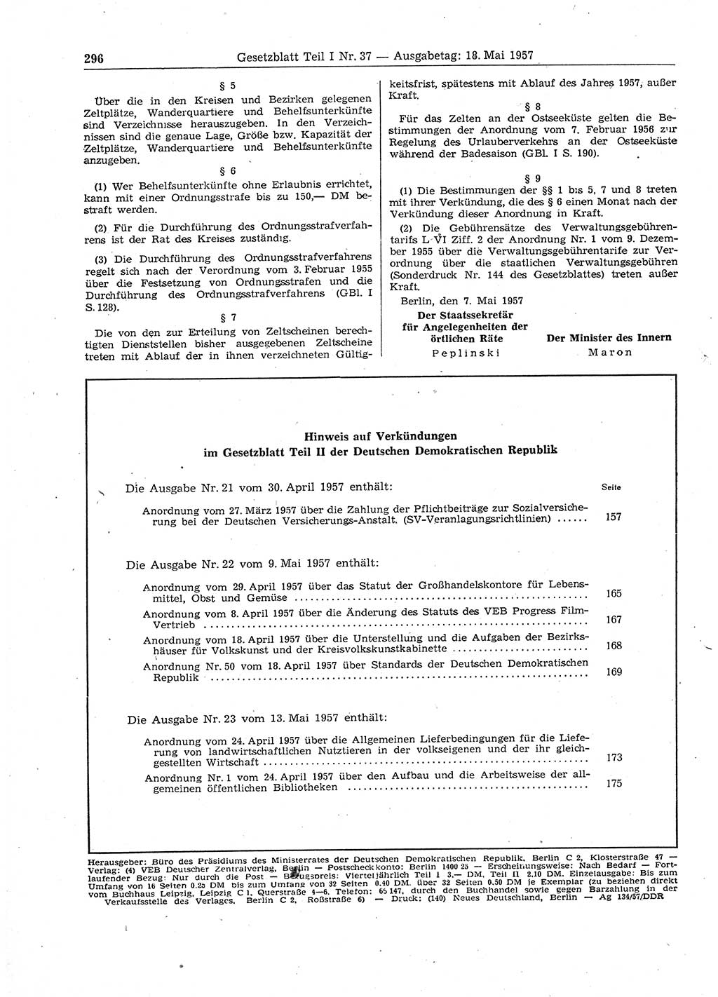 Gesetzblatt (GBl.) der Deutschen Demokratischen Republik (DDR) Teil Ⅰ 1957, Seite 296 (GBl. DDR Ⅰ 1957, S. 296)