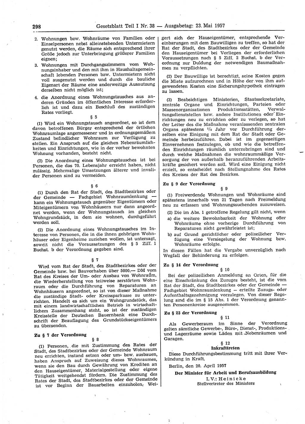 Gesetzblatt (GBl.) der Deutschen Demokratischen Republik (DDR) Teil Ⅰ 1957, Seite 298 (GBl. DDR Ⅰ 1957, S. 298)