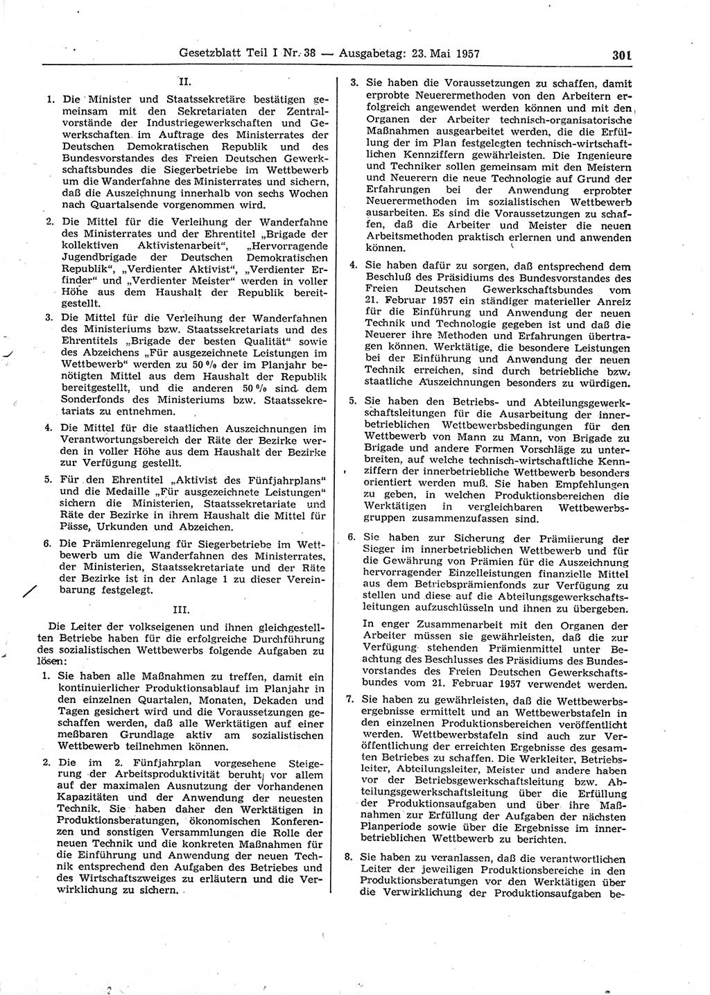 Gesetzblatt (GBl.) der Deutschen Demokratischen Republik (DDR) Teil Ⅰ 1957, Seite 301 (GBl. DDR Ⅰ 1957, S. 301)