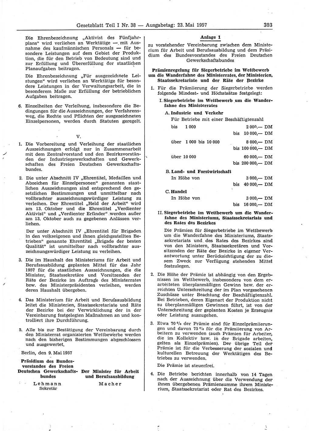 Gesetzblatt (GBl.) der Deutschen Demokratischen Republik (DDR) Teil Ⅰ 1957, Seite 303 (GBl. DDR Ⅰ 1957, S. 303)