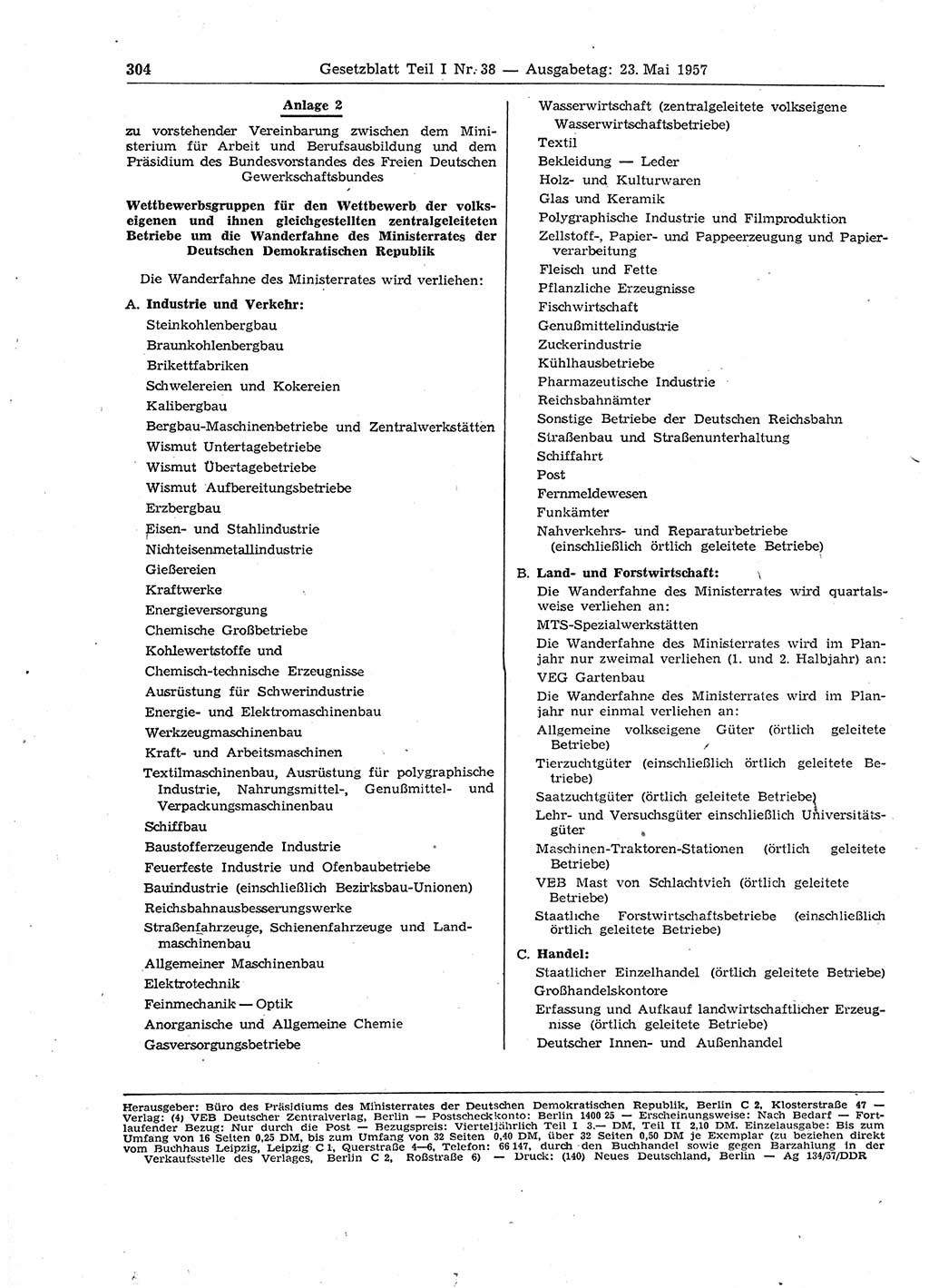 Gesetzblatt (GBl.) der Deutschen Demokratischen Republik (DDR) Teil Ⅰ 1957, Seite 304 (GBl. DDR Ⅰ 1957, S. 304)