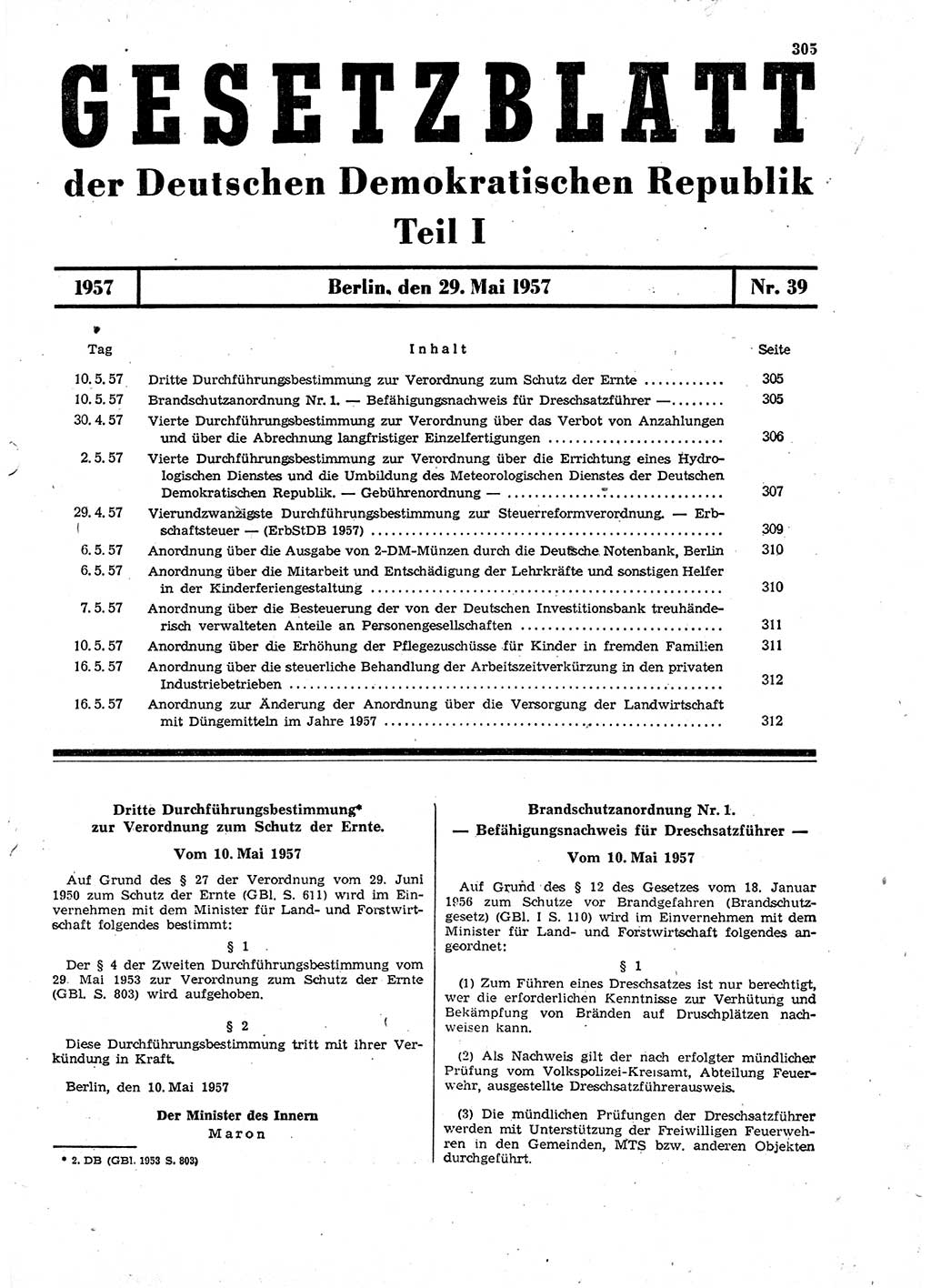 Gesetzblatt (GBl.) der Deutschen Demokratischen Republik (DDR) Teil Ⅰ 1957, Seite 305 (GBl. DDR Ⅰ 1957, S. 305)