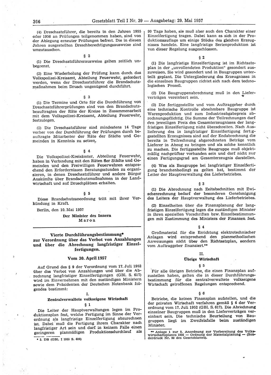 Gesetzblatt (GBl.) der Deutschen Demokratischen Republik (DDR) Teil Ⅰ 1957, Seite 306 (GBl. DDR Ⅰ 1957, S. 306)
