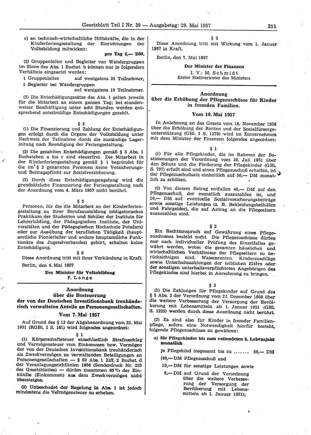 Gesetzblatt (GBl.) der Deutschen Demokratischen Republik (DDR) Teil Ⅰ 1957, Seite 311 (GBl. DDR Ⅰ 1957, S. 311)