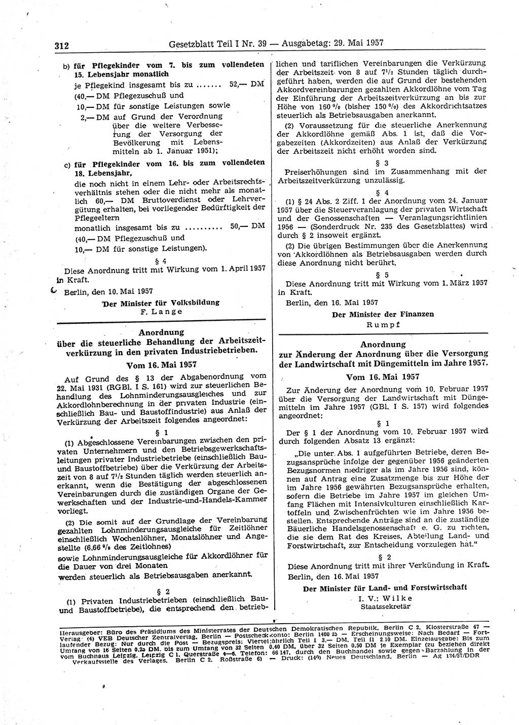 Gesetzblatt (GBl.) der Deutschen Demokratischen Republik (DDR) Teil Ⅰ 1957, Seite 312 (GBl. DDR Ⅰ 1957, S. 312)