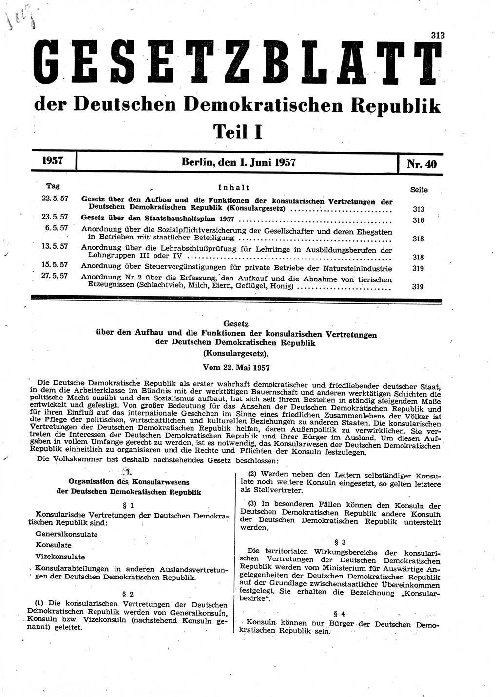 Gesetzblatt (GBl.) der Deutschen Demokratischen Republik (DDR) Teil Ⅰ 1957, Seite 313 (GBl. DDR Ⅰ 1957, S. 313)