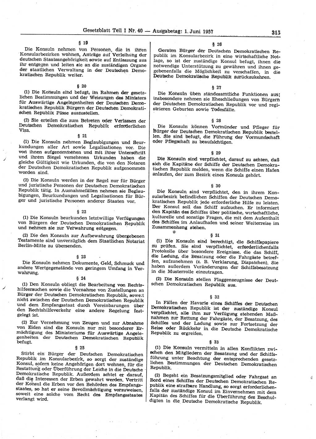 Gesetzblatt (GBl.) der Deutschen Demokratischen Republik (DDR) Teil Ⅰ 1957, Seite 315 (GBl. DDR Ⅰ 1957, S. 315)