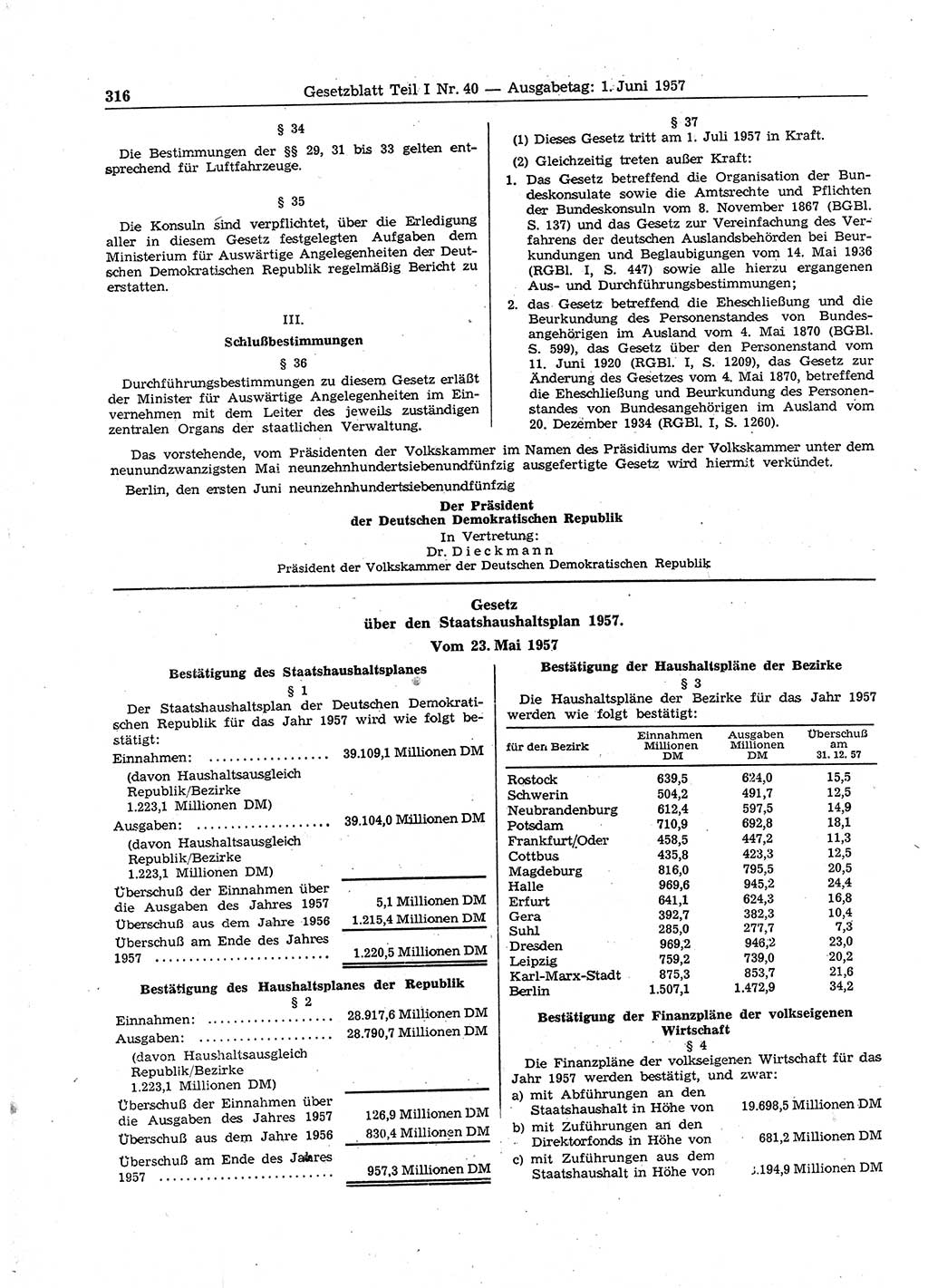 Gesetzblatt (GBl.) der Deutschen Demokratischen Republik (DDR) Teil Ⅰ 1957, Seite 316 (GBl. DDR Ⅰ 1957, S. 316)