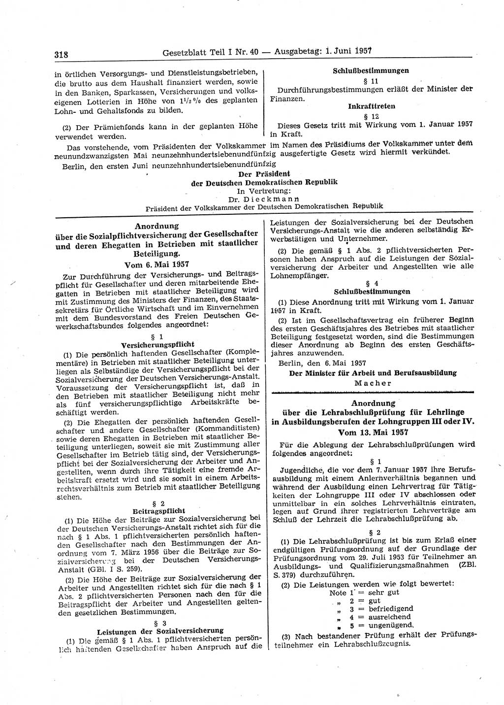 Gesetzblatt (GBl.) der Deutschen Demokratischen Republik (DDR) Teil Ⅰ 1957, Seite 318 (GBl. DDR Ⅰ 1957, S. 318)