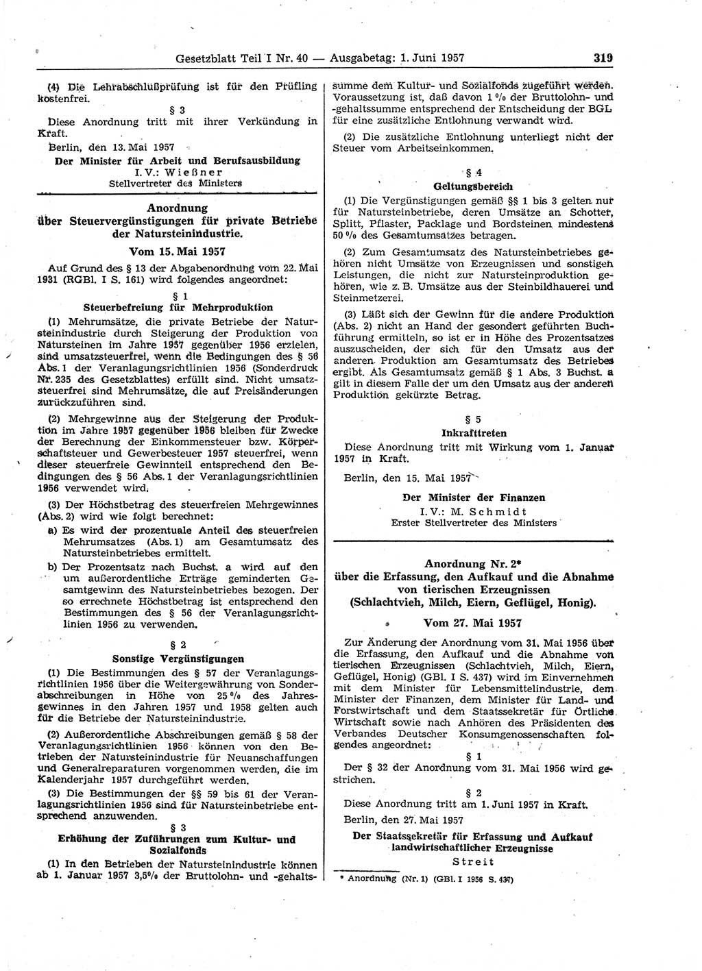 Gesetzblatt (GBl.) der Deutschen Demokratischen Republik (DDR) Teil Ⅰ 1957, Seite 319 (GBl. DDR Ⅰ 1957, S. 319)