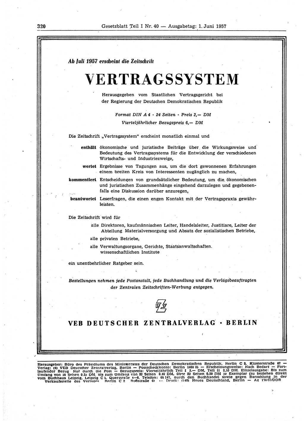 Gesetzblatt (GBl.) der Deutschen Demokratischen Republik (DDR) Teil Ⅰ 1957, Seite 320 (GBl. DDR Ⅰ 1957, S. 320)