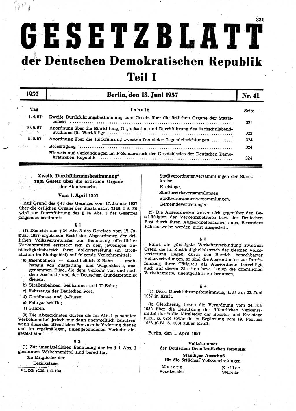 Gesetzblatt (GBl.) der Deutschen Demokratischen Republik (DDR) Teil Ⅰ 1957, Seite 321 (GBl. DDR Ⅰ 1957, S. 321)