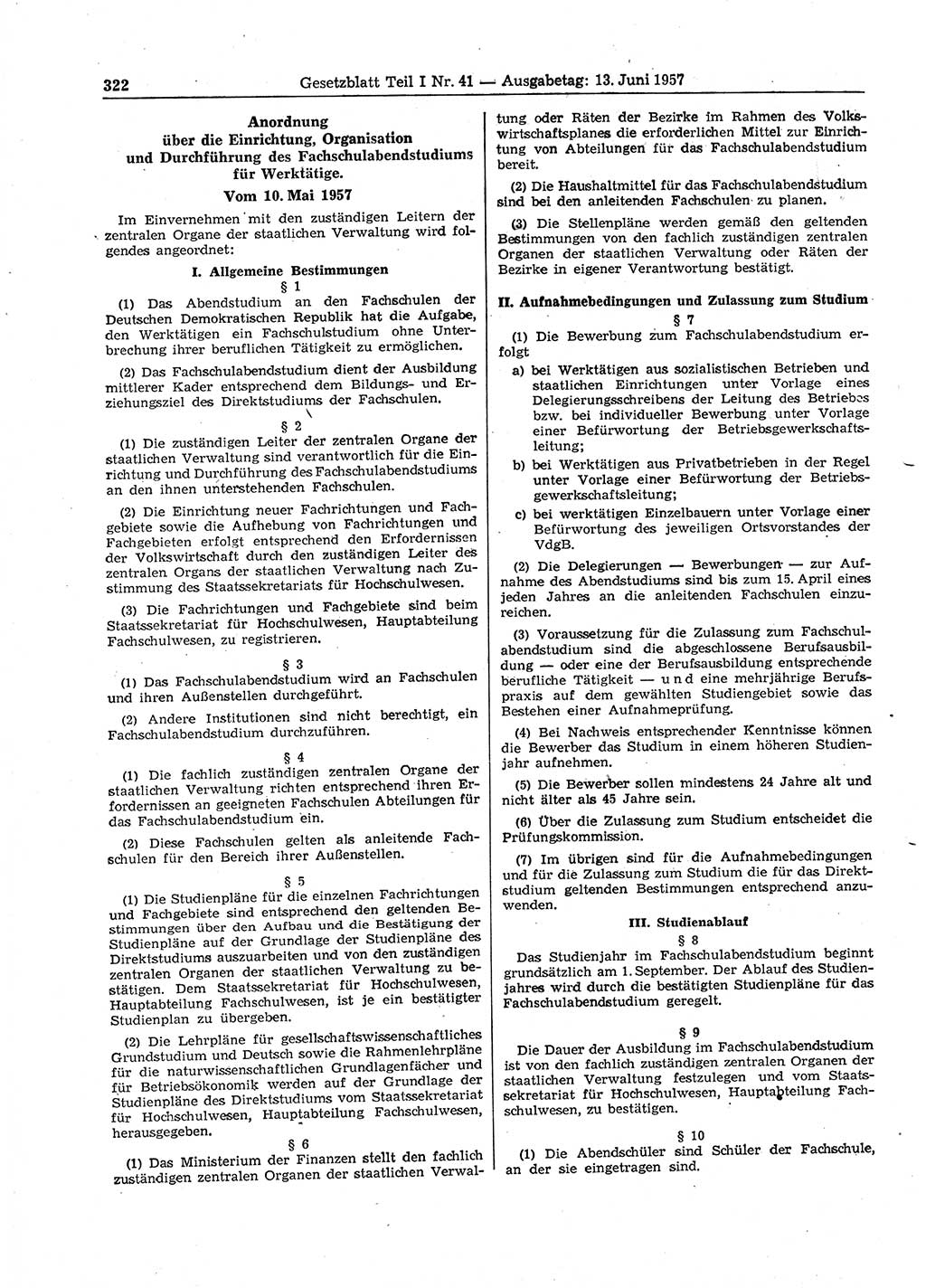 Gesetzblatt (GBl.) der Deutschen Demokratischen Republik (DDR) Teil Ⅰ 1957, Seite 322 (GBl. DDR Ⅰ 1957, S. 322)