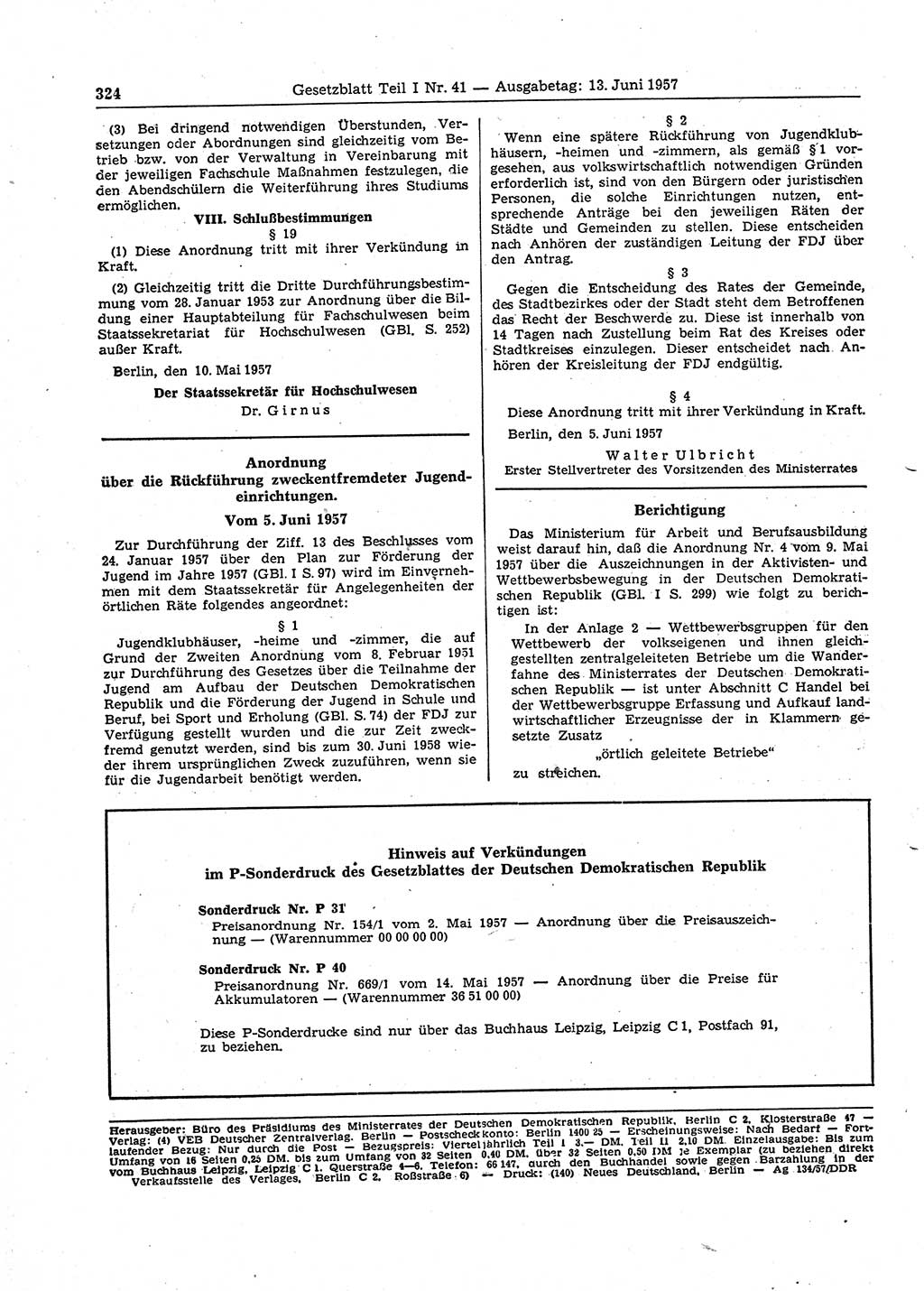 Gesetzblatt (GBl.) der Deutschen Demokratischen Republik (DDR) Teil Ⅰ 1957, Seite 324 (GBl. DDR Ⅰ 1957, S. 324)