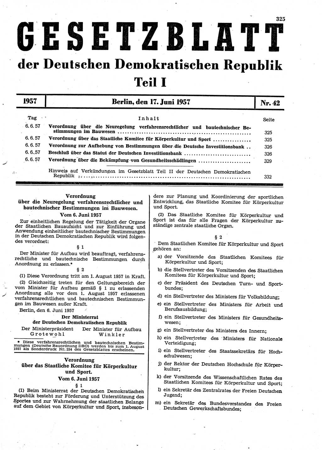 Gesetzblatt (GBl.) der Deutschen Demokratischen Republik (DDR) Teil Ⅰ 1957, Seite 325 (GBl. DDR Ⅰ 1957, S. 325)