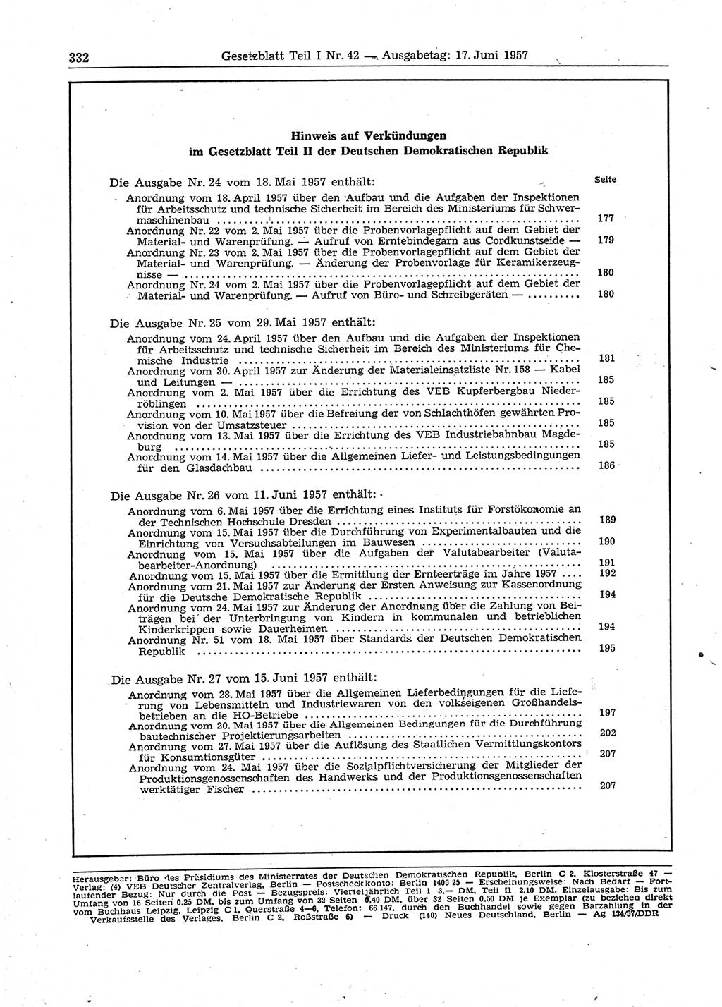 Gesetzblatt (GBl.) der Deutschen Demokratischen Republik (DDR) Teil Ⅰ 1957, Seite 332 (GBl. DDR Ⅰ 1957, S. 332)