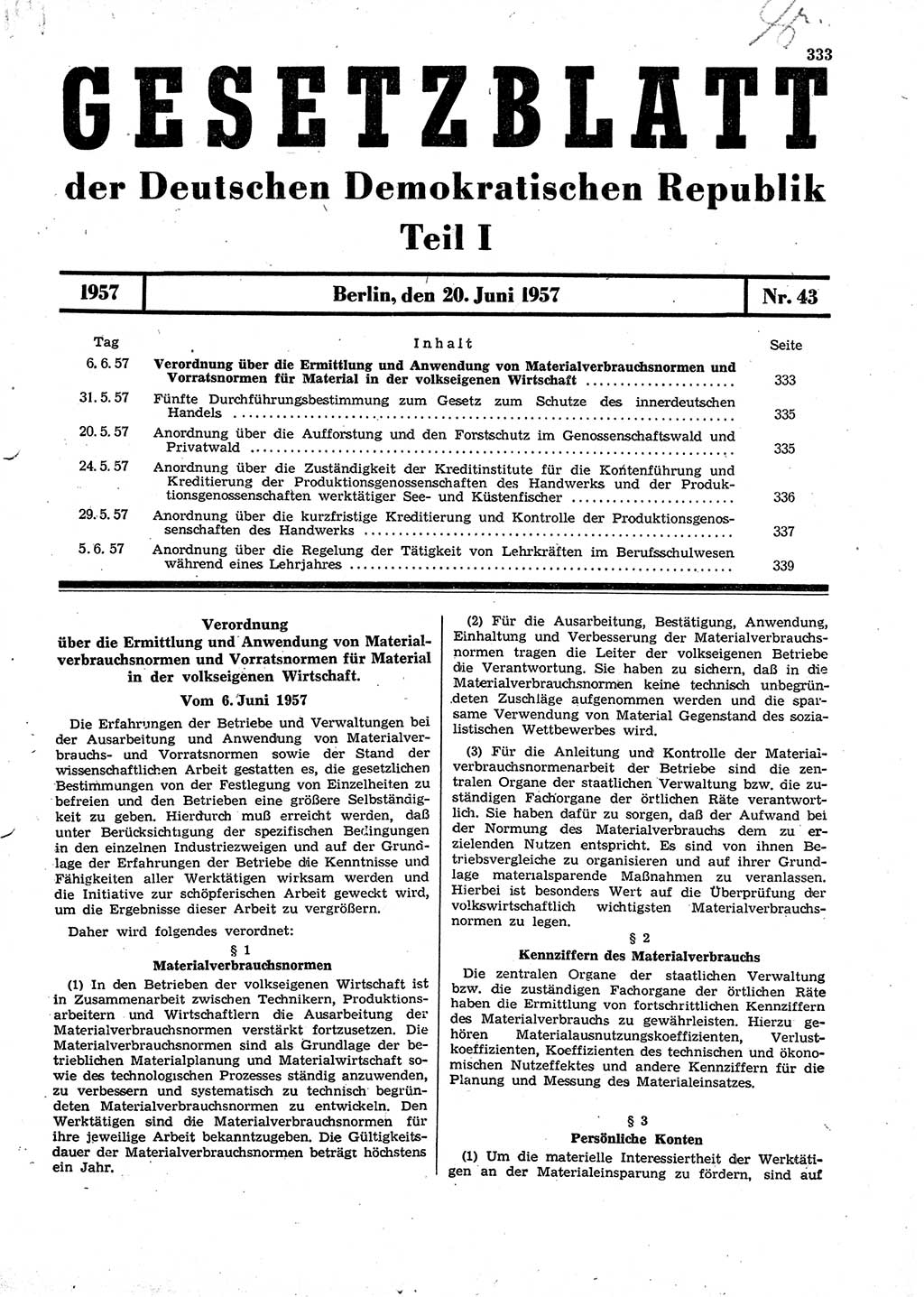 Gesetzblatt (GBl.) der Deutschen Demokratischen Republik (DDR) Teil Ⅰ 1957, Seite 333 (GBl. DDR Ⅰ 1957, S. 333)