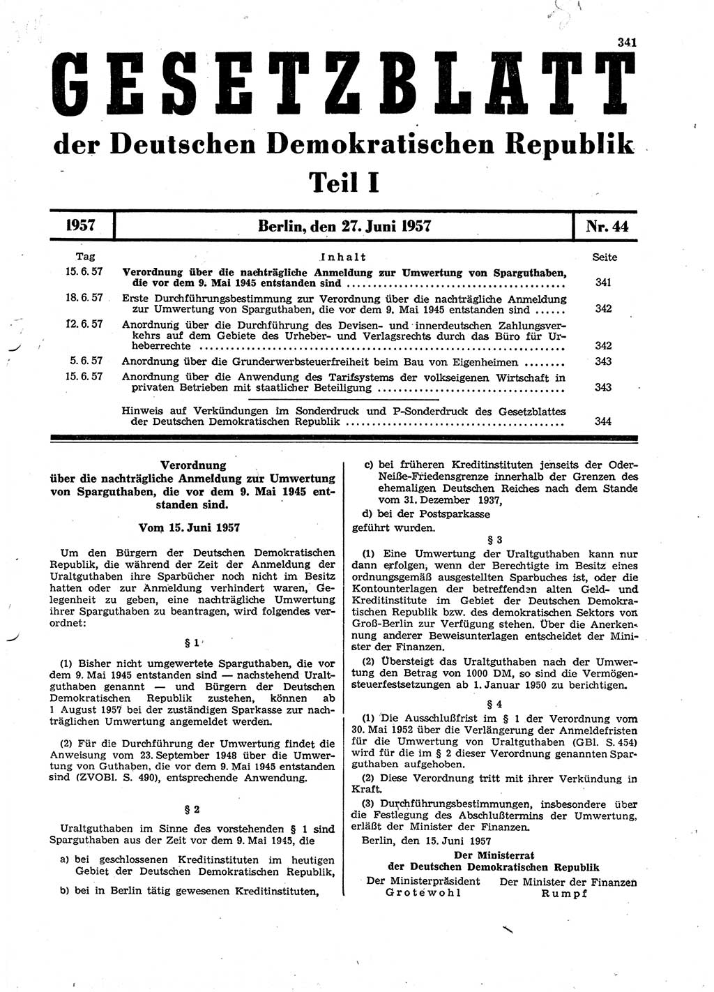 Gesetzblatt (GBl.) der Deutschen Demokratischen Republik (DDR) Teil Ⅰ 1957, Seite 341 (GBl. DDR Ⅰ 1957, S. 341)