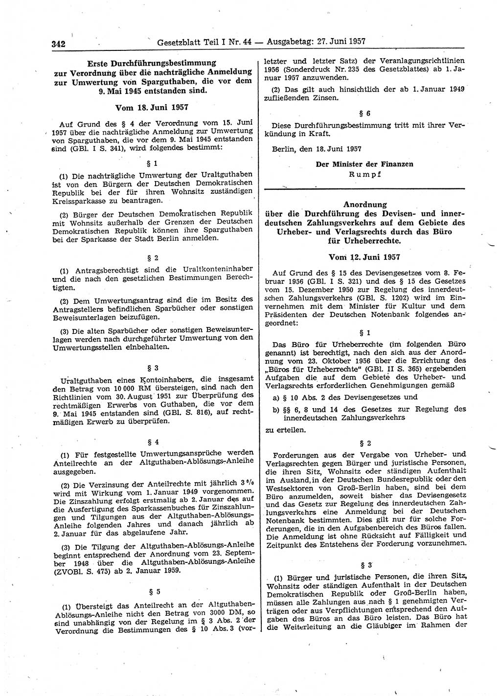 Gesetzblatt (GBl.) der Deutschen Demokratischen Republik (DDR) Teil Ⅰ 1957, Seite 342 (GBl. DDR Ⅰ 1957, S. 342)