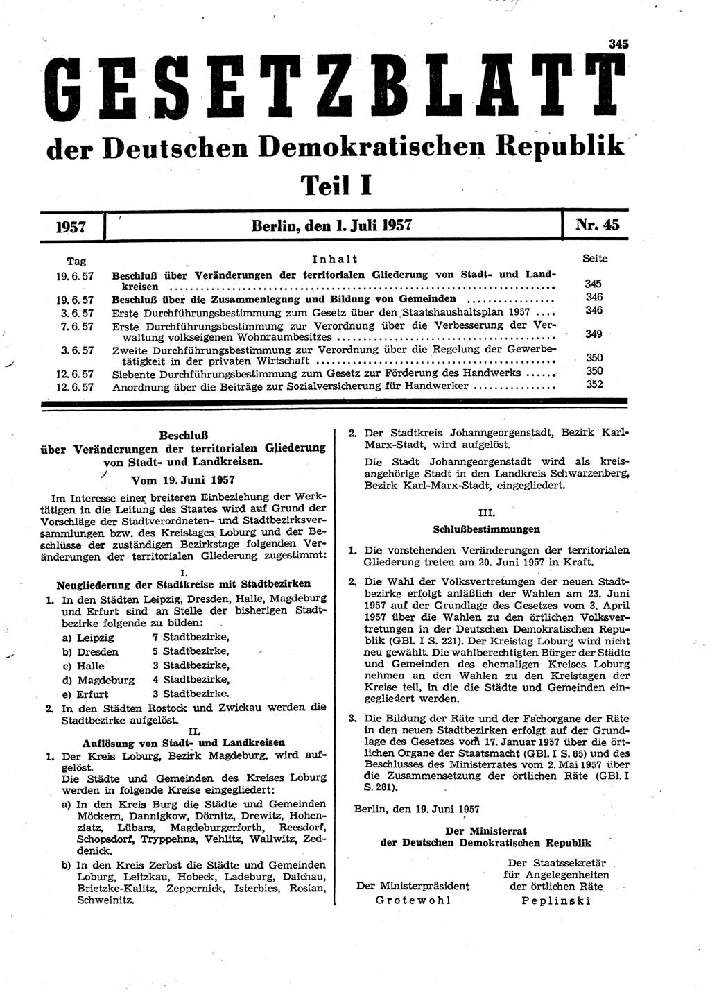Gesetzblatt (GBl.) der Deutschen Demokratischen Republik (DDR) Teil Ⅰ 1957, Seite 345 (GBl. DDR Ⅰ 1957, S. 345)