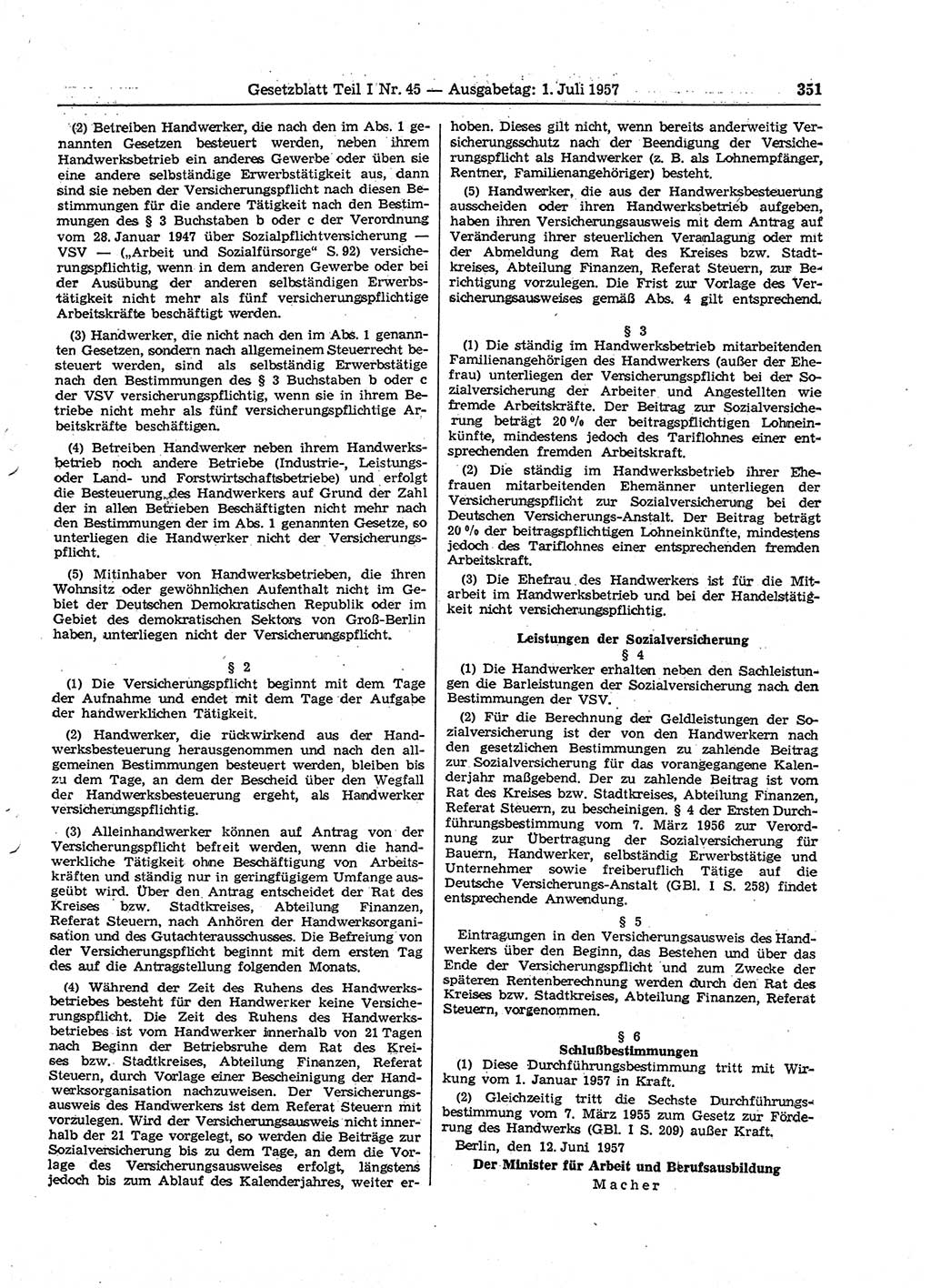 Gesetzblatt (GBl.) der Deutschen Demokratischen Republik (DDR) Teil Ⅰ 1957, Seite 351 (GBl. DDR Ⅰ 1957, S. 351)