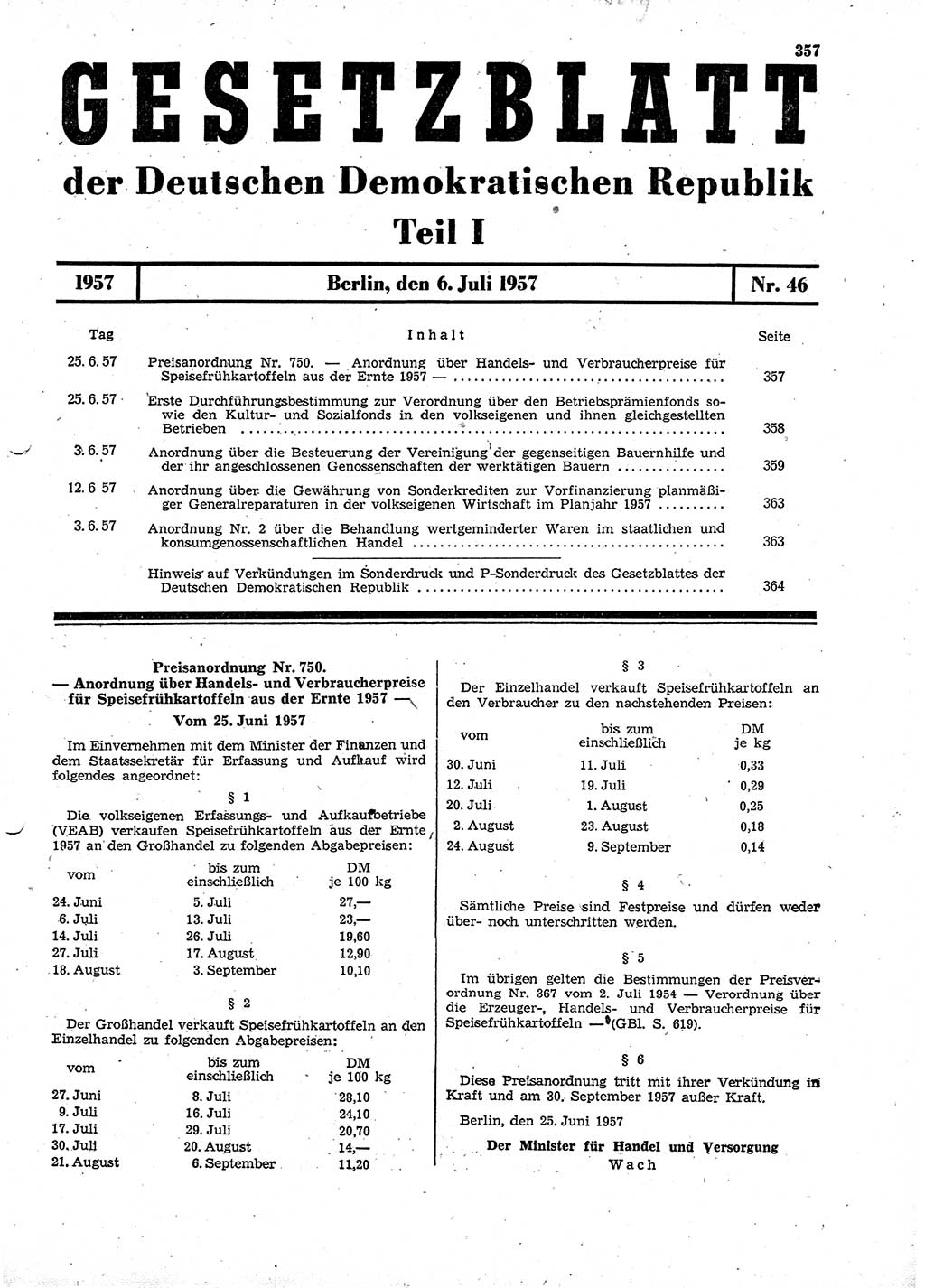 Gesetzblatt (GBl.) der Deutschen Demokratischen Republik (DDR) Teil Ⅰ 1957, Seite 357 (GBl. DDR Ⅰ 1957, S. 357)