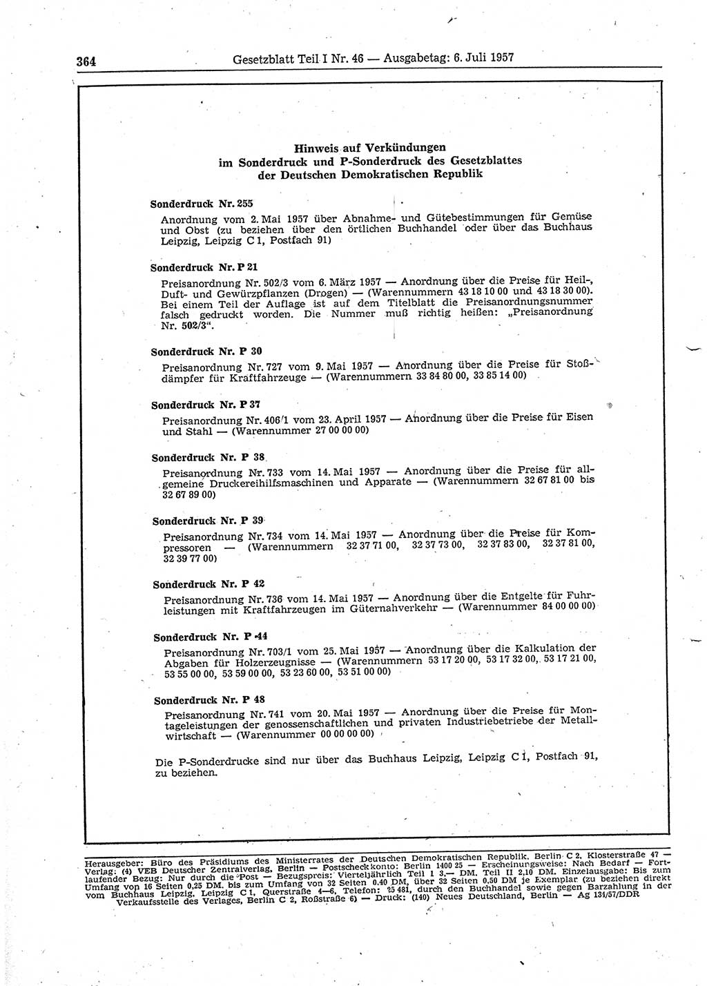Gesetzblatt (GBl.) der Deutschen Demokratischen Republik (DDR) Teil Ⅰ 1957, Seite 364 (GBl. DDR Ⅰ 1957, S. 364)