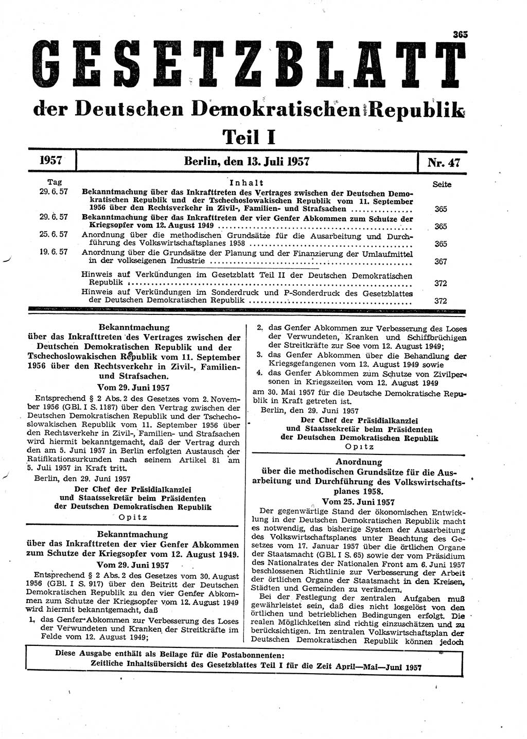 Gesetzblatt (GBl.) der Deutschen Demokratischen Republik (DDR) Teil Ⅰ 1957, Seite 365 (GBl. DDR Ⅰ 1957, S. 365)