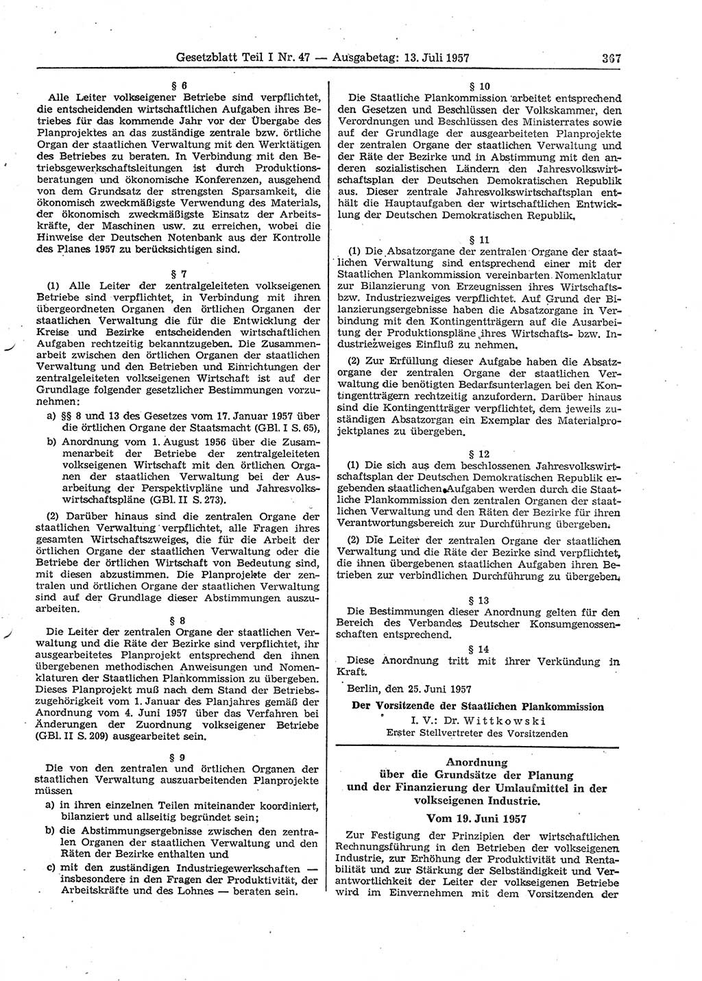 Gesetzblatt (GBl.) der Deutschen Demokratischen Republik (DDR) Teil Ⅰ 1957, Seite 367 (GBl. DDR Ⅰ 1957, S. 367)