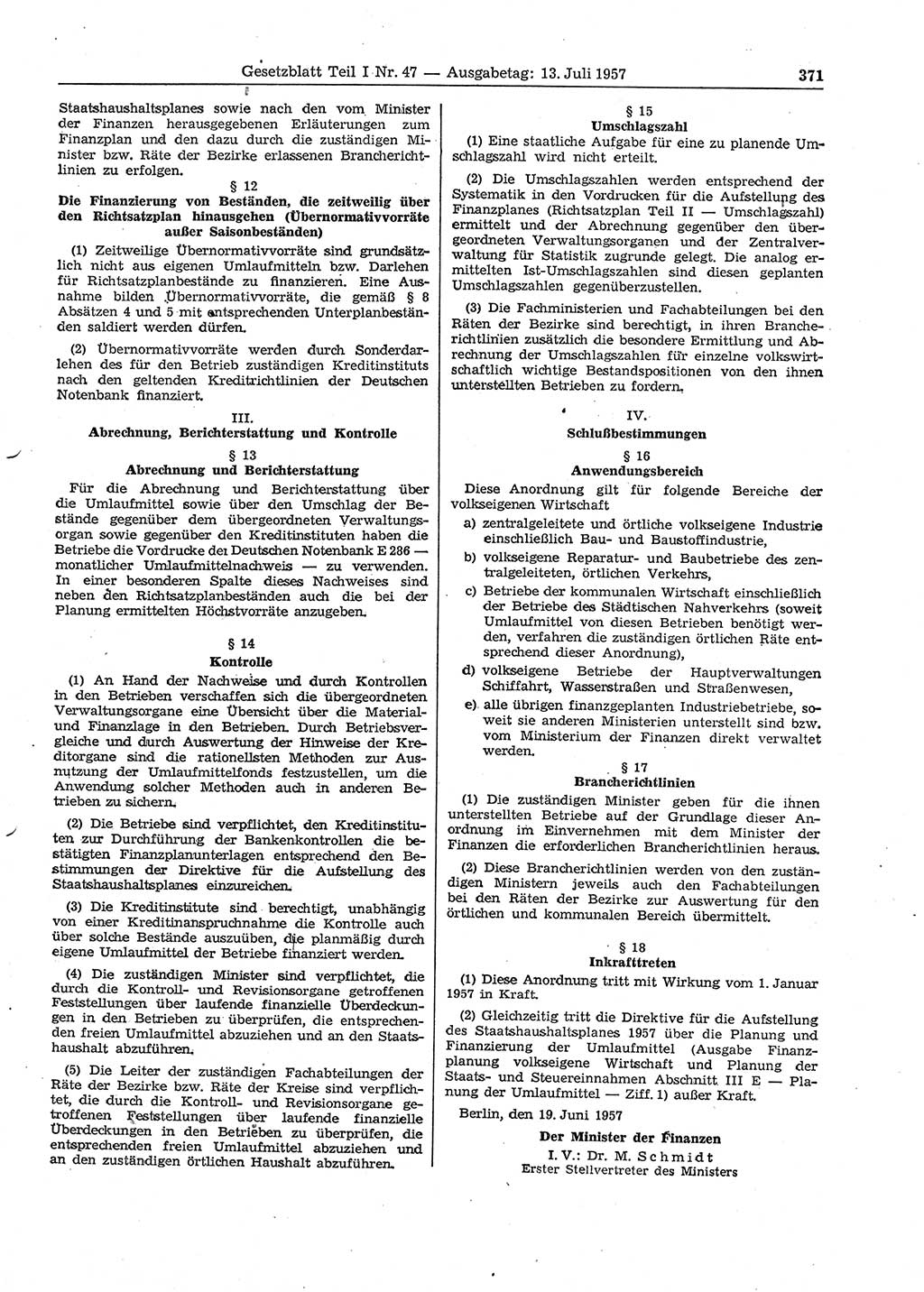 Gesetzblatt (GBl.) der Deutschen Demokratischen Republik (DDR) Teil Ⅰ 1957, Seite 371 (GBl. DDR Ⅰ 1957, S. 371)