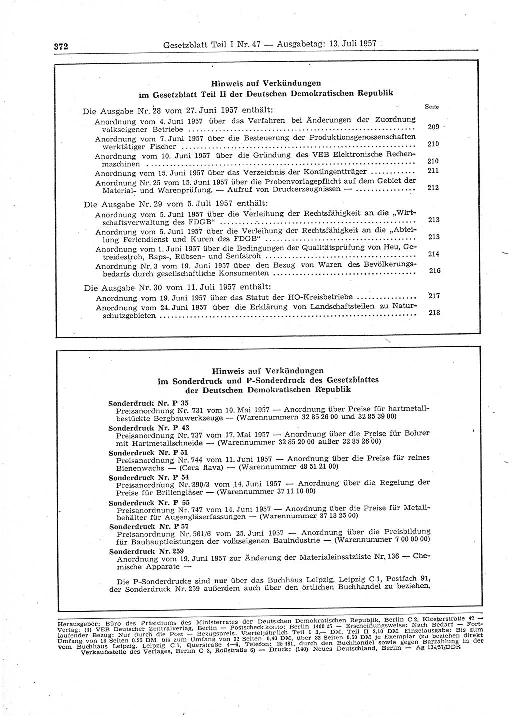 Gesetzblatt (GBl.) der Deutschen Demokratischen Republik (DDR) Teil Ⅰ 1957, Seite 372 (GBl. DDR Ⅰ 1957, S. 372)