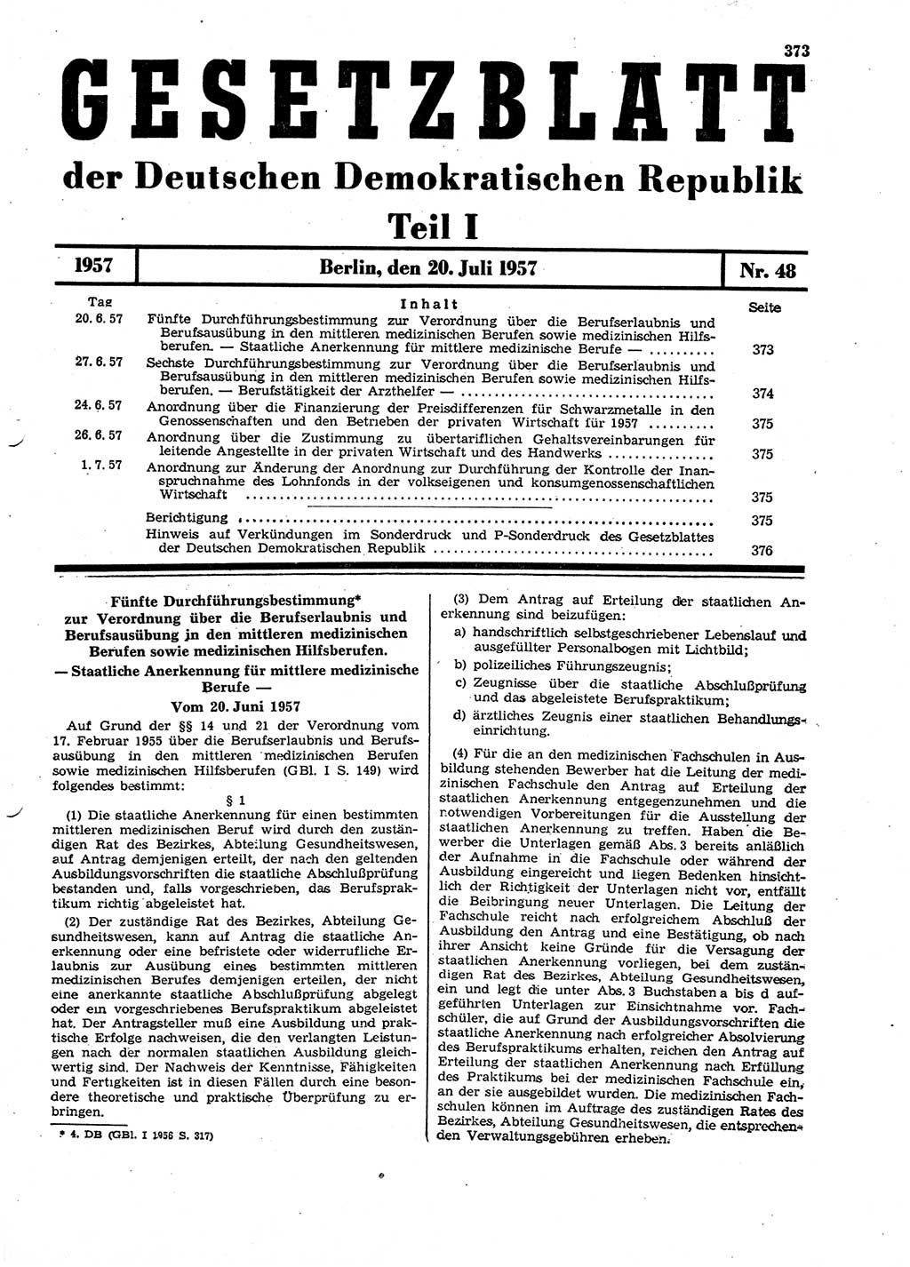 Gesetzblatt (GBl.) der Deutschen Demokratischen Republik (DDR) Teil Ⅰ 1957, Seite 373 (GBl. DDR Ⅰ 1957, S. 373)