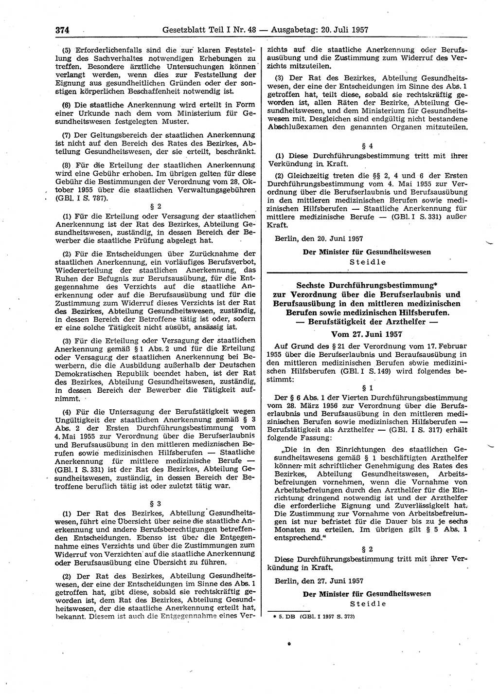 Gesetzblatt (GBl.) der Deutschen Demokratischen Republik (DDR) Teil Ⅰ 1957, Seite 374 (GBl. DDR Ⅰ 1957, S. 374)