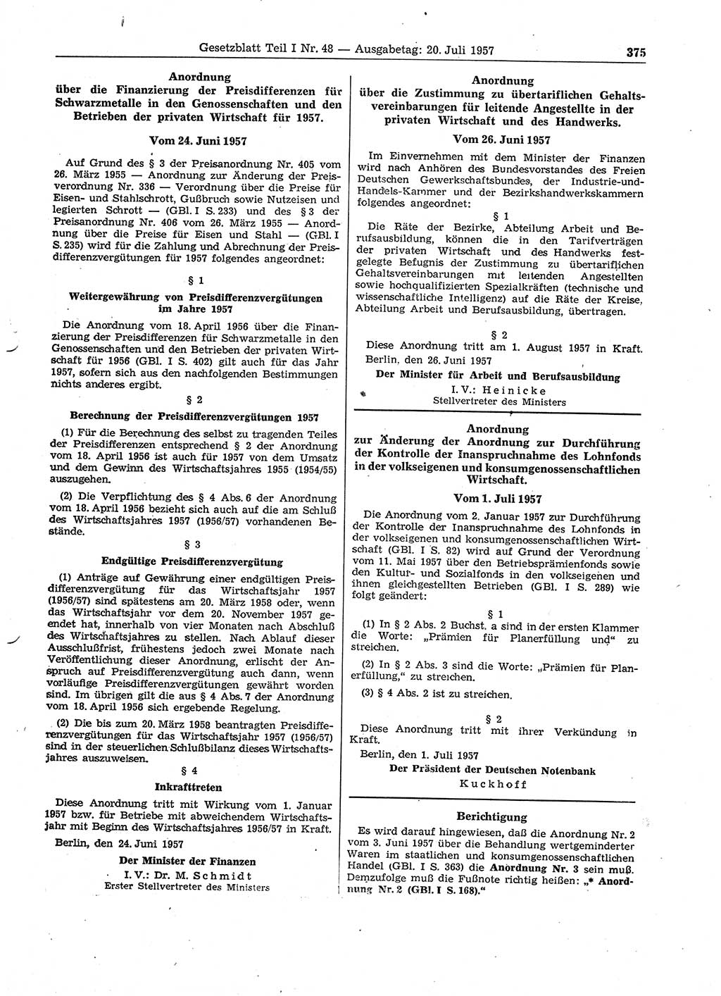 Gesetzblatt (GBl.) der Deutschen Demokratischen Republik (DDR) Teil Ⅰ 1957, Seite 375 (GBl. DDR Ⅰ 1957, S. 375)