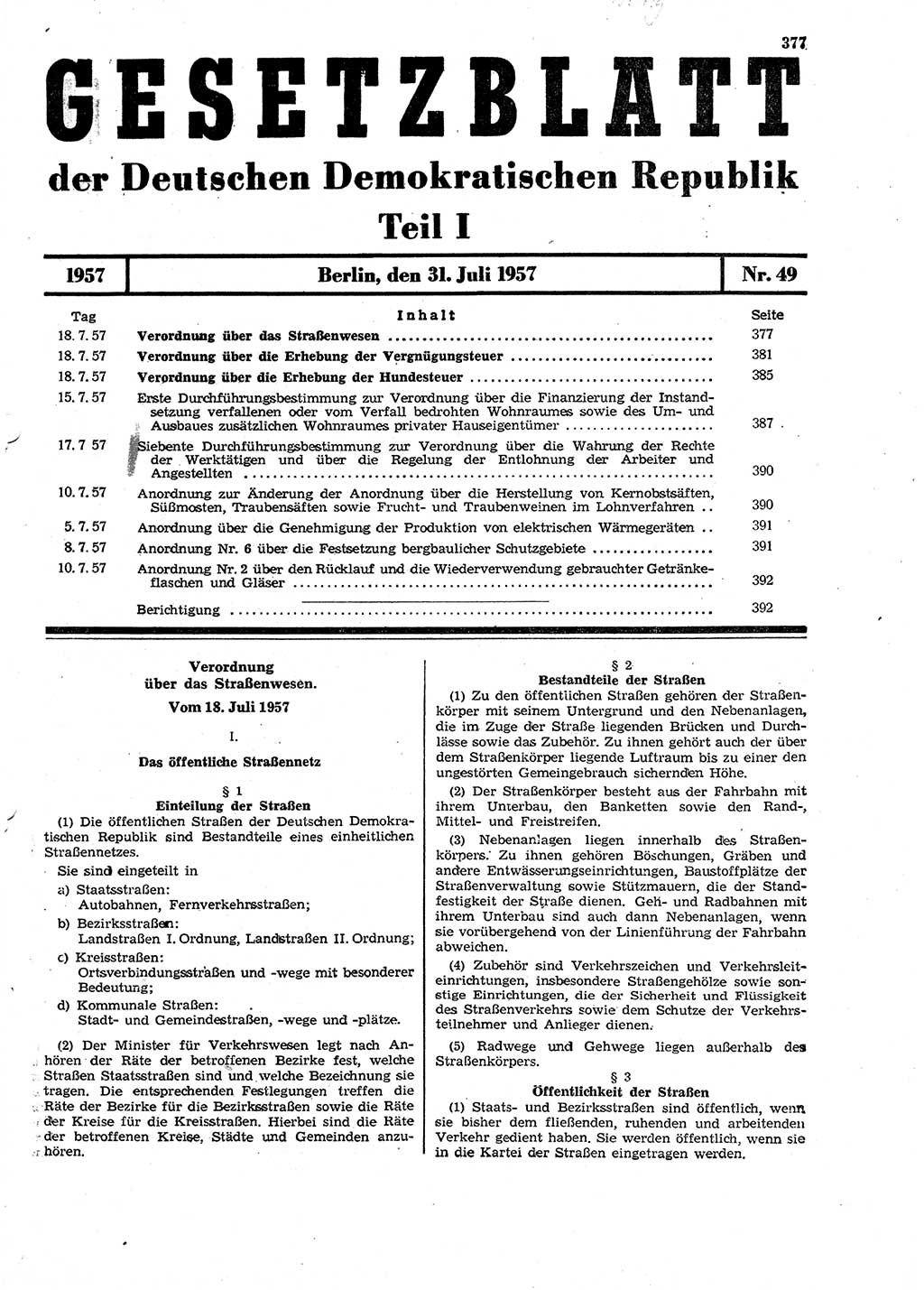 Gesetzblatt (GBl.) der Deutschen Demokratischen Republik (DDR) Teil Ⅰ 1957, Seite 377 (GBl. DDR Ⅰ 1957, S. 377)