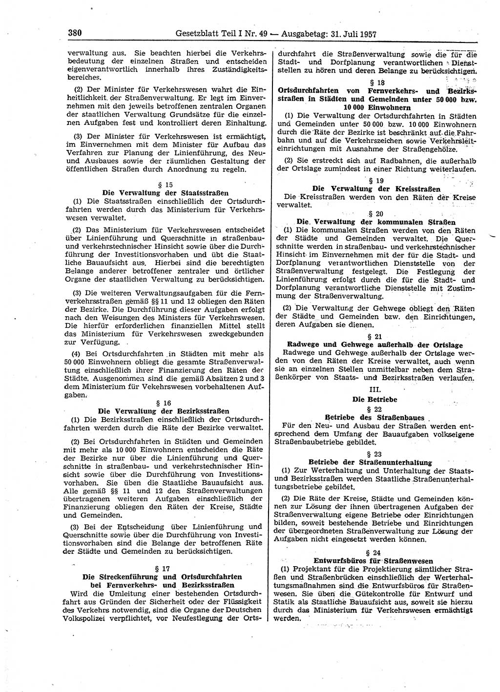 Gesetzblatt (GBl.) der Deutschen Demokratischen Republik (DDR) Teil Ⅰ 1957, Seite 380 (GBl. DDR Ⅰ 1957, S. 380)