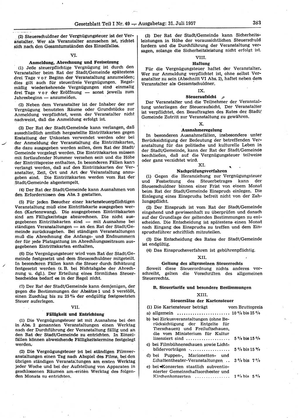 Gesetzblatt (GBl.) der Deutschen Demokratischen Republik (DDR) Teil Ⅰ 1957, Seite 383 (GBl. DDR Ⅰ 1957, S. 383)