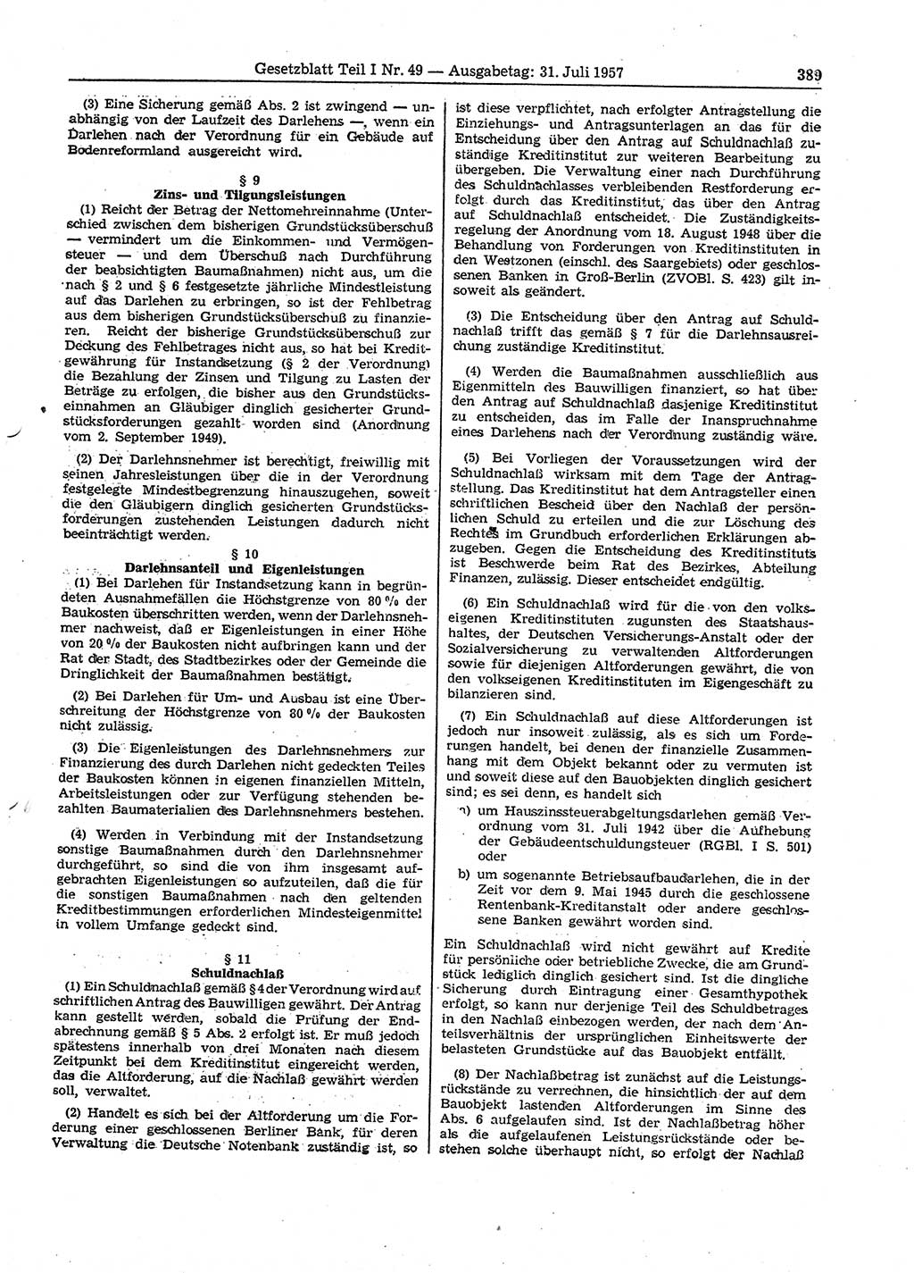Gesetzblatt (GBl.) der Deutschen Demokratischen Republik (DDR) Teil Ⅰ 1957, Seite 389 (GBl. DDR Ⅰ 1957, S. 389)